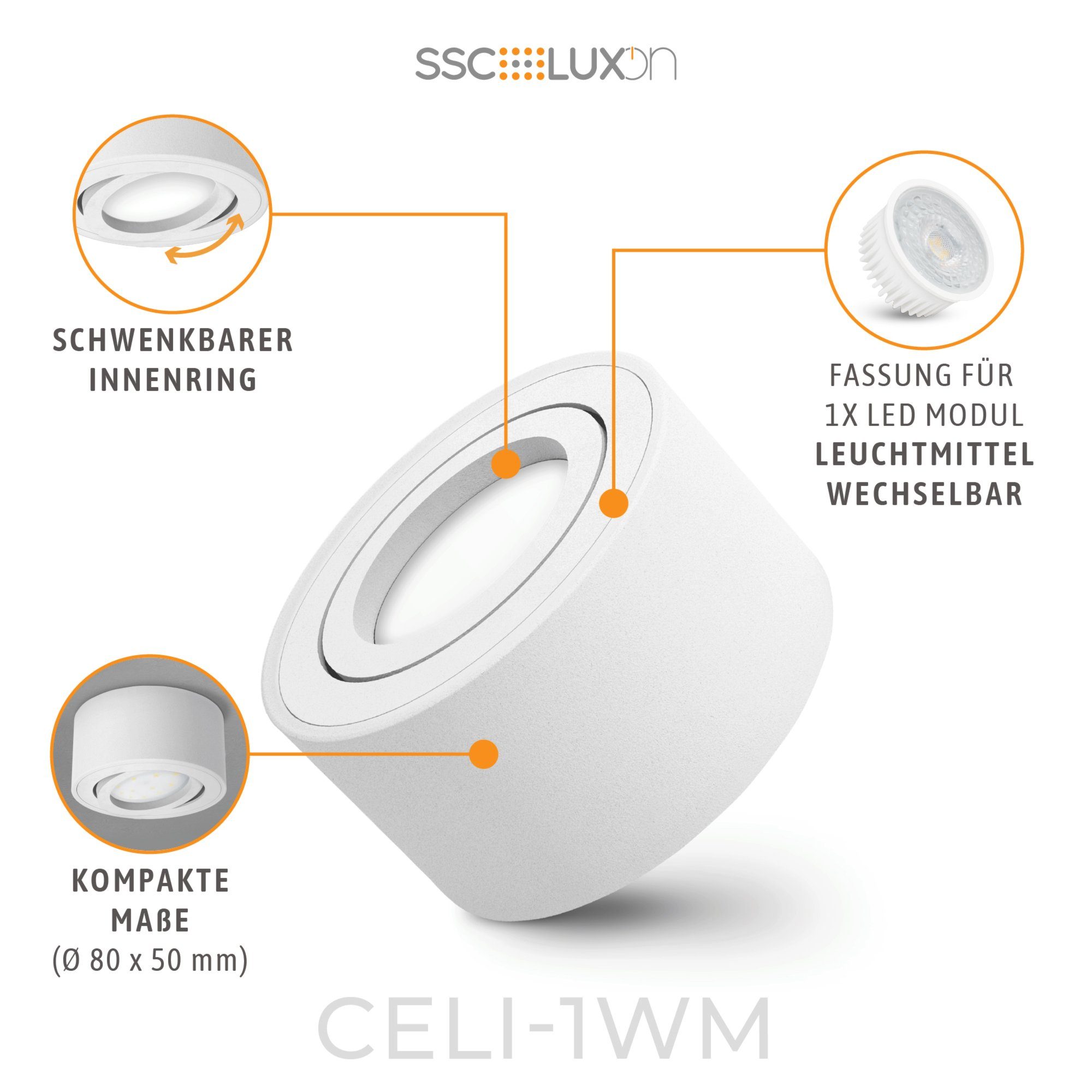 schwenkbar Innenring weiss SSC-LUXon rund CELI-1WM Aufbauleuchte weiss, IP20 Aufbaustrahler