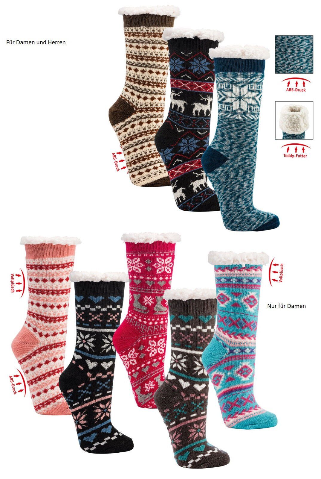 Wowerat Haussocken ABS Hüttensocken Hausschuhe Socken Teddy Innenfutter warm weich (1 Paar) Teddy Innenfutter Damenfarben