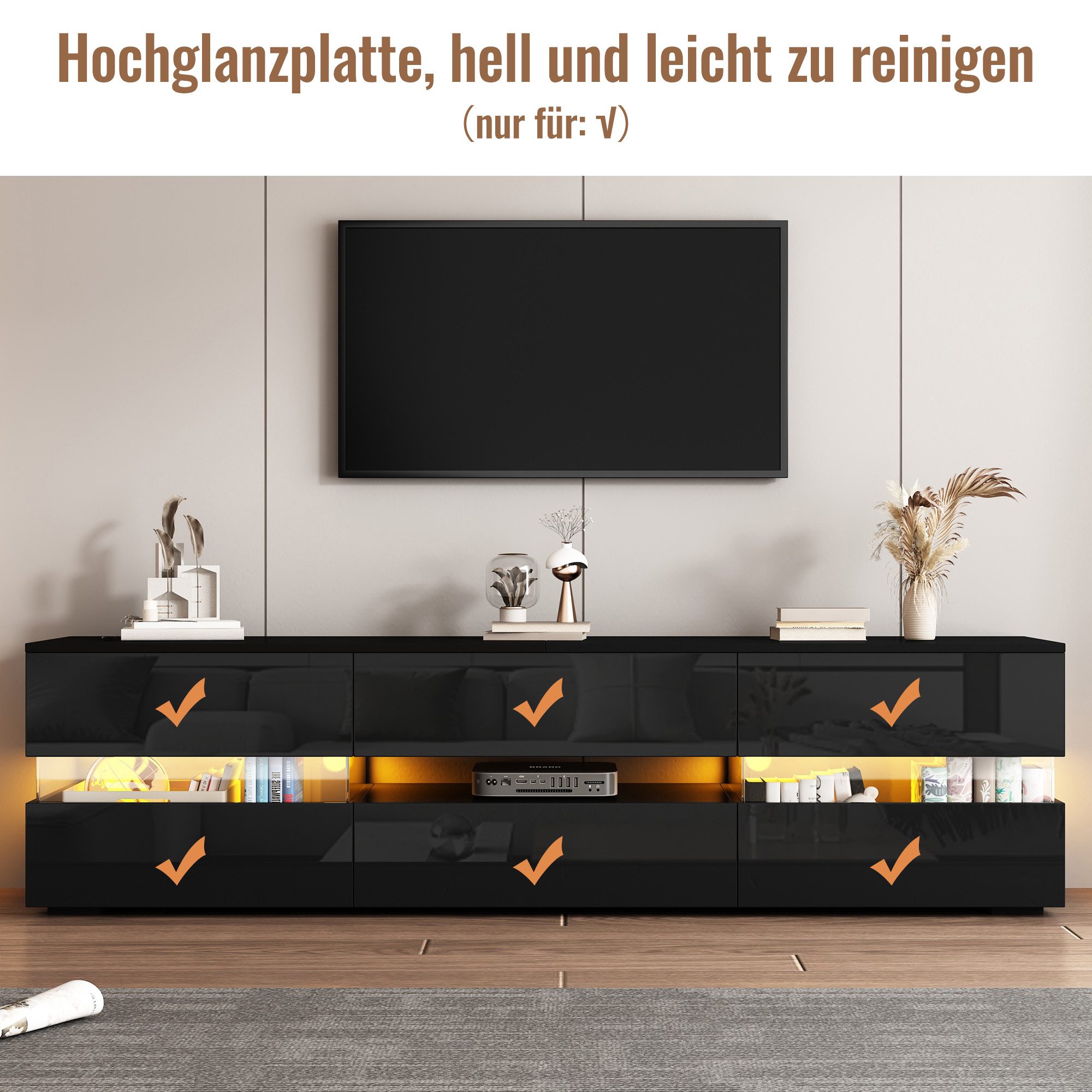 Merax Lowboard Hochglanz mit LED-Beleuchtung & Push-to-Open (für Fernseher bis 70 Zoll, 1 St), TV-Schrank mit 2 Türen, 1 Schublade & Acrylglaseinsatz, 160x39x45cm