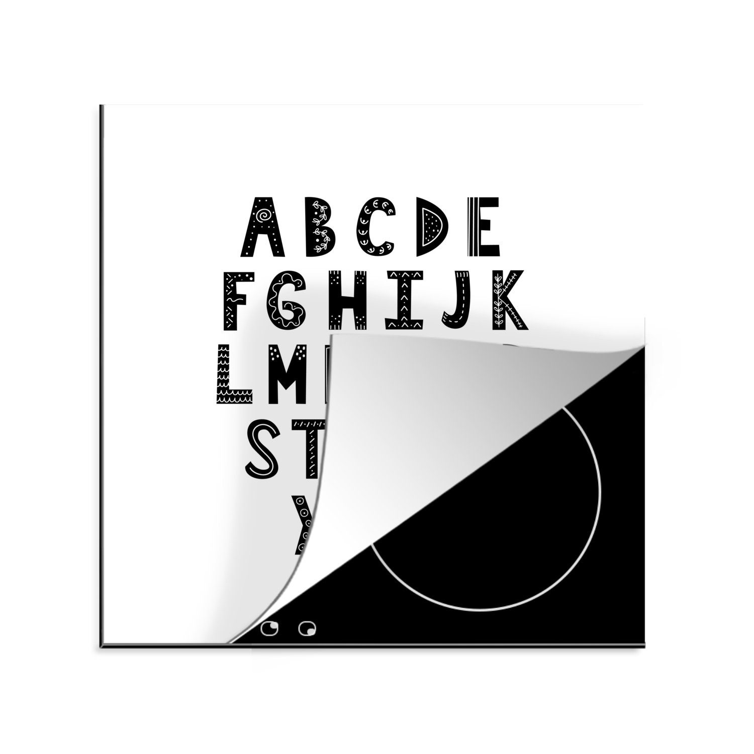 MuchoWow Herdblende-/Abdeckplatte Illustration des Alphabets dekoriert Buchstaben vor einem weißen, Vinyl, (1 tlg), 78x78 cm, Ceranfeldabdeckung, Arbeitsplatte für küche