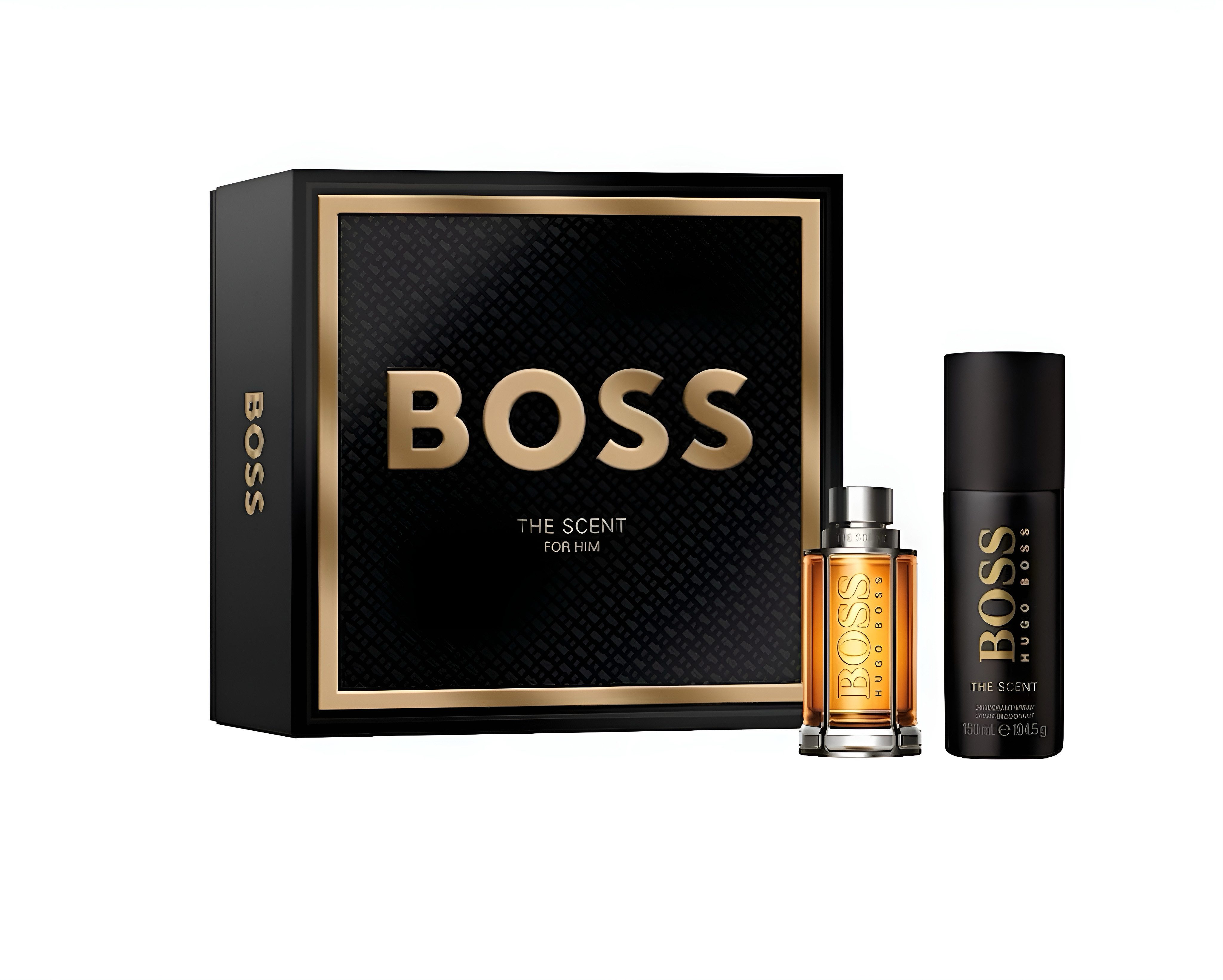HUGO Eau de Parfum HUGO BOSS The Scent Spray 50 ml, Deodorant 150 ml, Geschenk, 4-tlg., Männerparfüm, holziger Duft, verführerischer Duft, Geschenk für Ihn.