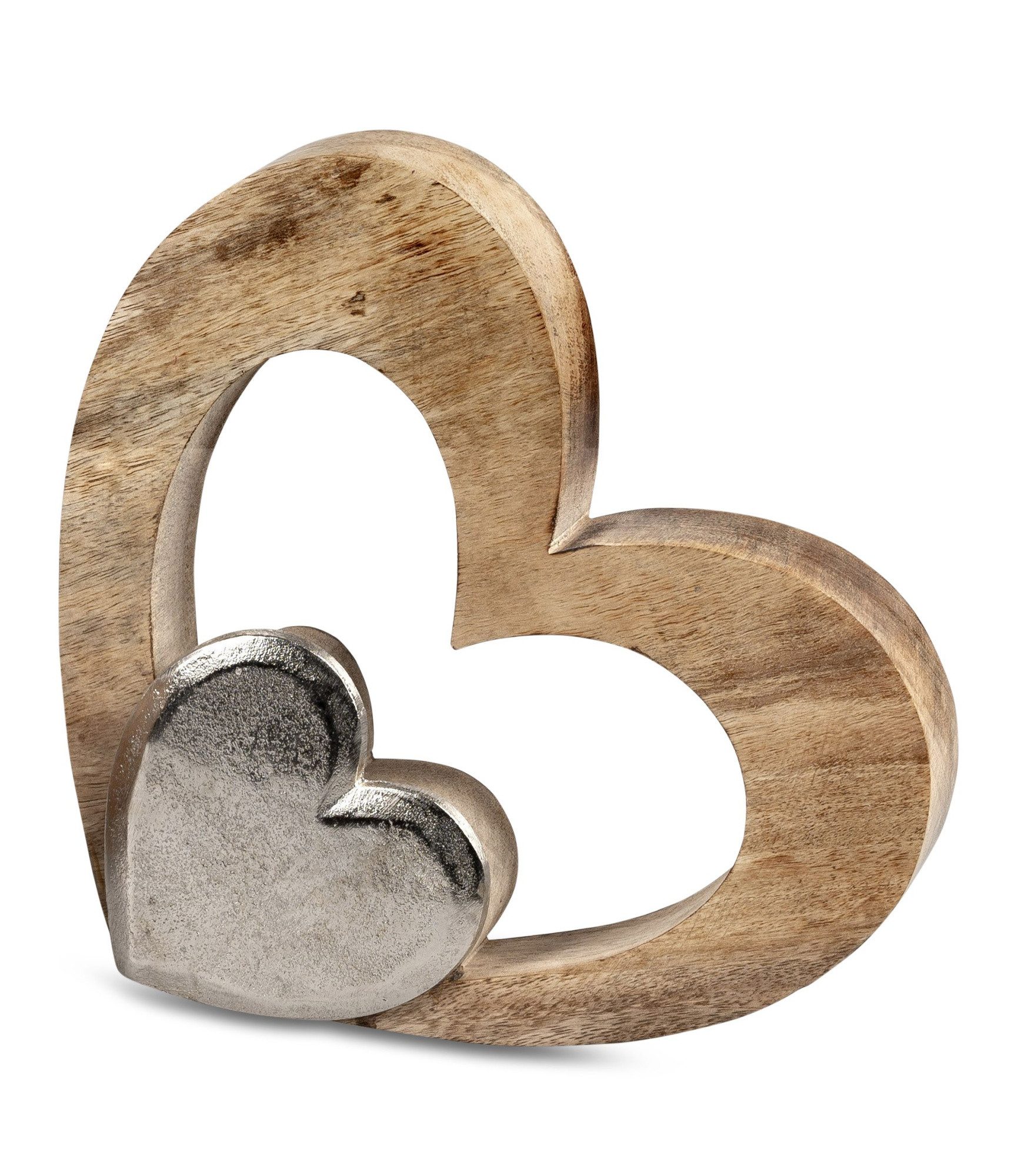 formano Dekoobjekt Dekoobjekt "Liegendes Herz mit 2 Herzen" 26 cm – Mangoholz & Aluminium, stilvolle Herz-Dekoration für Tisch & Regal