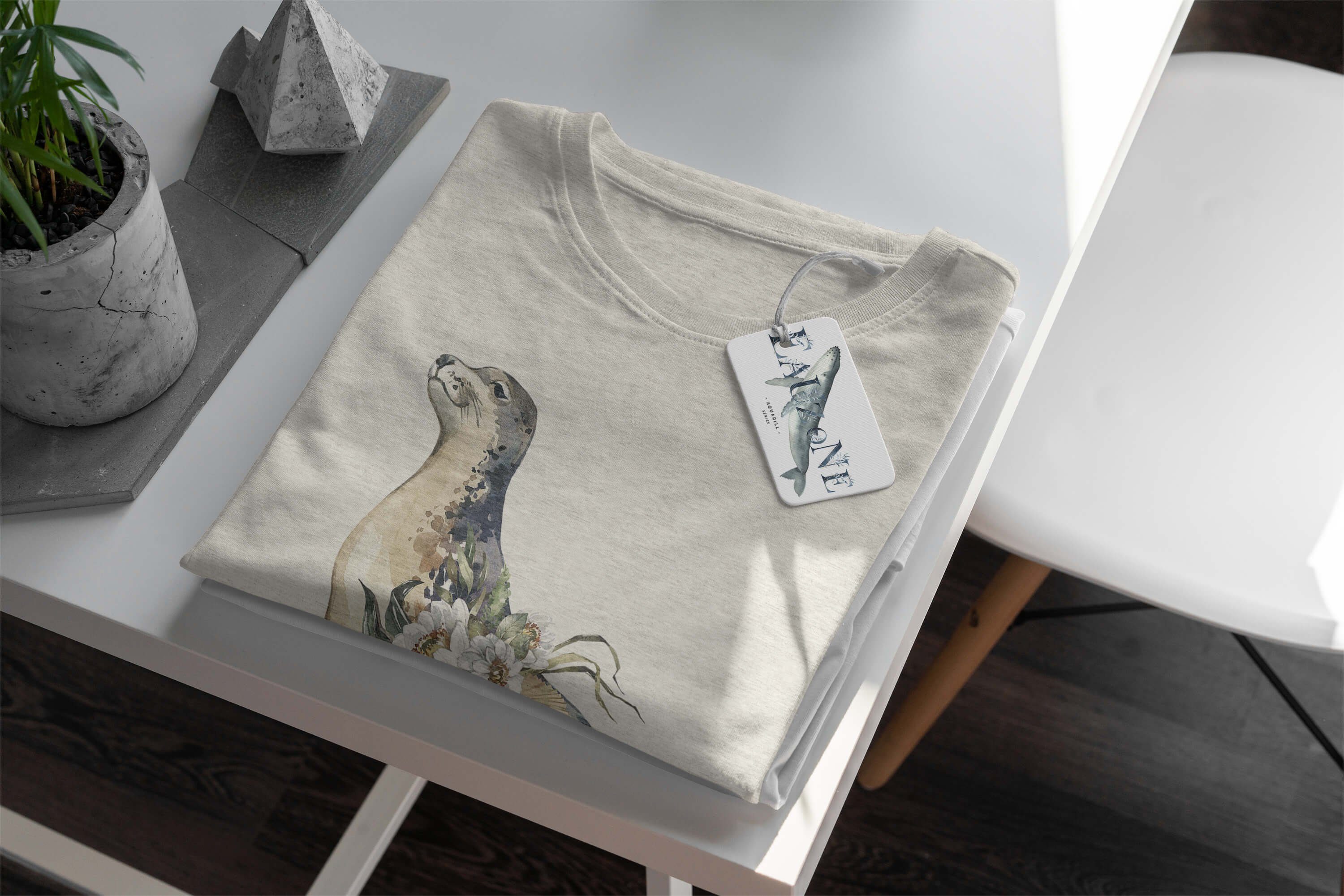 100% Sinus T-Shirt Ökomode Shirt Nachhaltig (1-tlg) Herren Seerobe Art gekämmte Motiv Bio-Baumwolle T-Shirt Wasserfarben aus