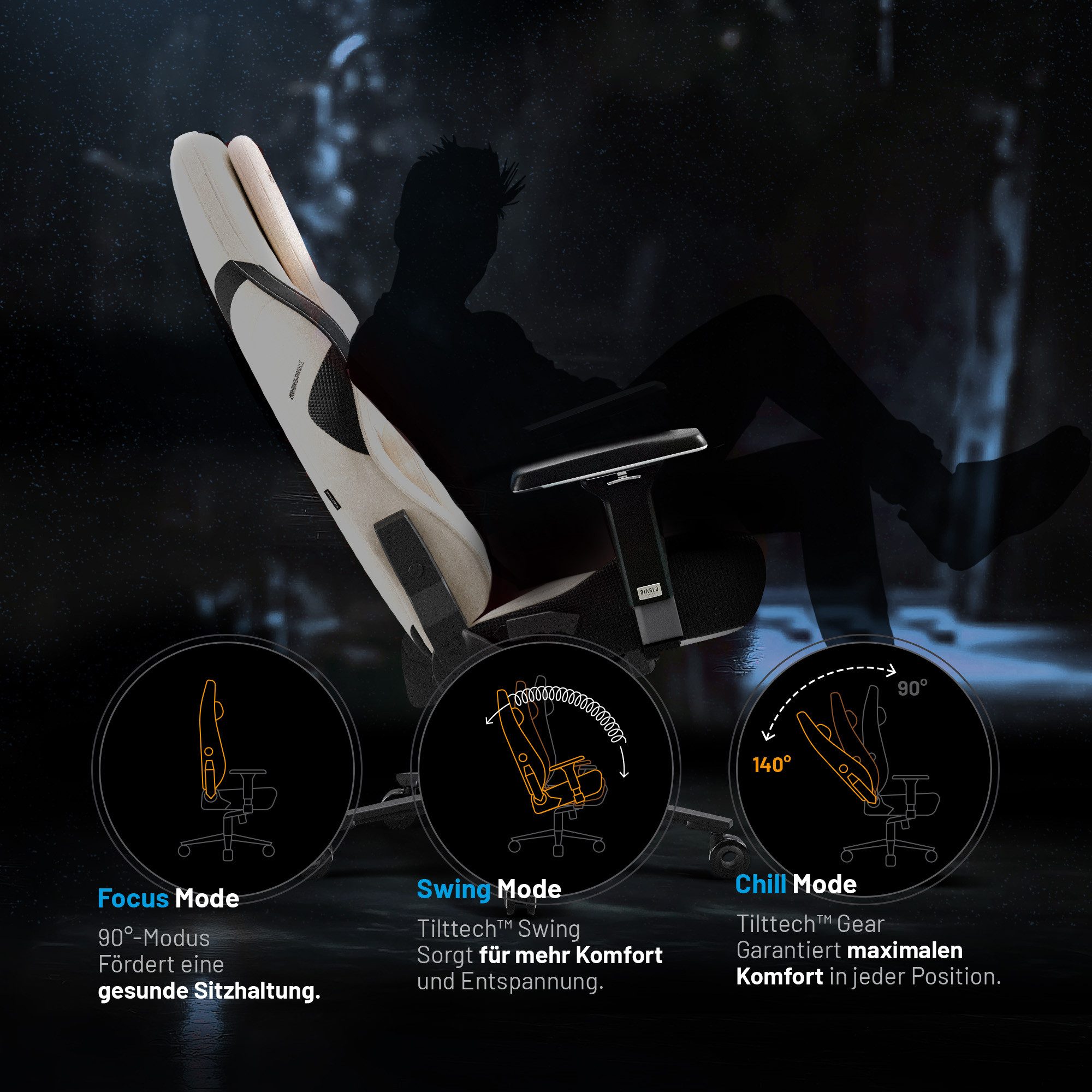 DIABLO CHAIRS Gaming-Stuhl X.One Prime Stoff ergonomisch Metallbasis 140kg CoolComfort (Magnetische Kopfstütze, Höhenverstellbare Armlehnen, Kühlender Sitz), Ko – Bild 4 von 5