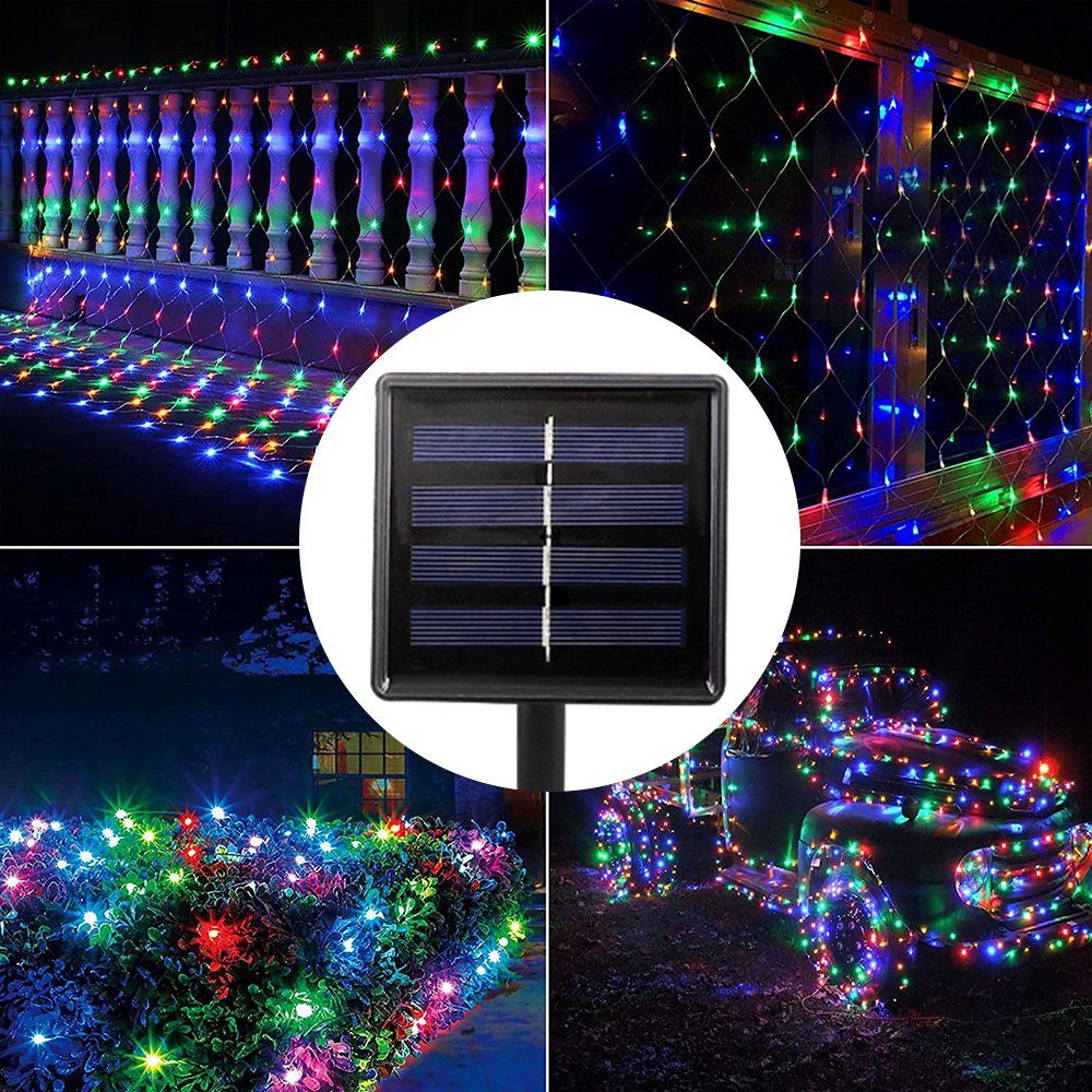 Rosnek LED-Lichternetz Solar Wasserdichte Mesh Bunt deko, 8 Weihnachten Modi mit Garten Außen Inner für 1.5*1.5M/3*2M, Solar Lichternetz Lichterkette Party