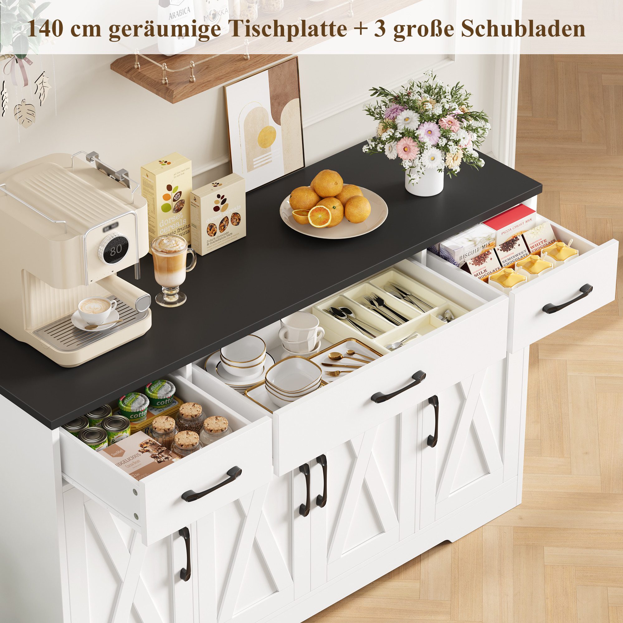 HOMECHO Sideboard, 140cm Breite Küchenschrank 3 Schubladen 4 Türen, Verstellbaren Regalen