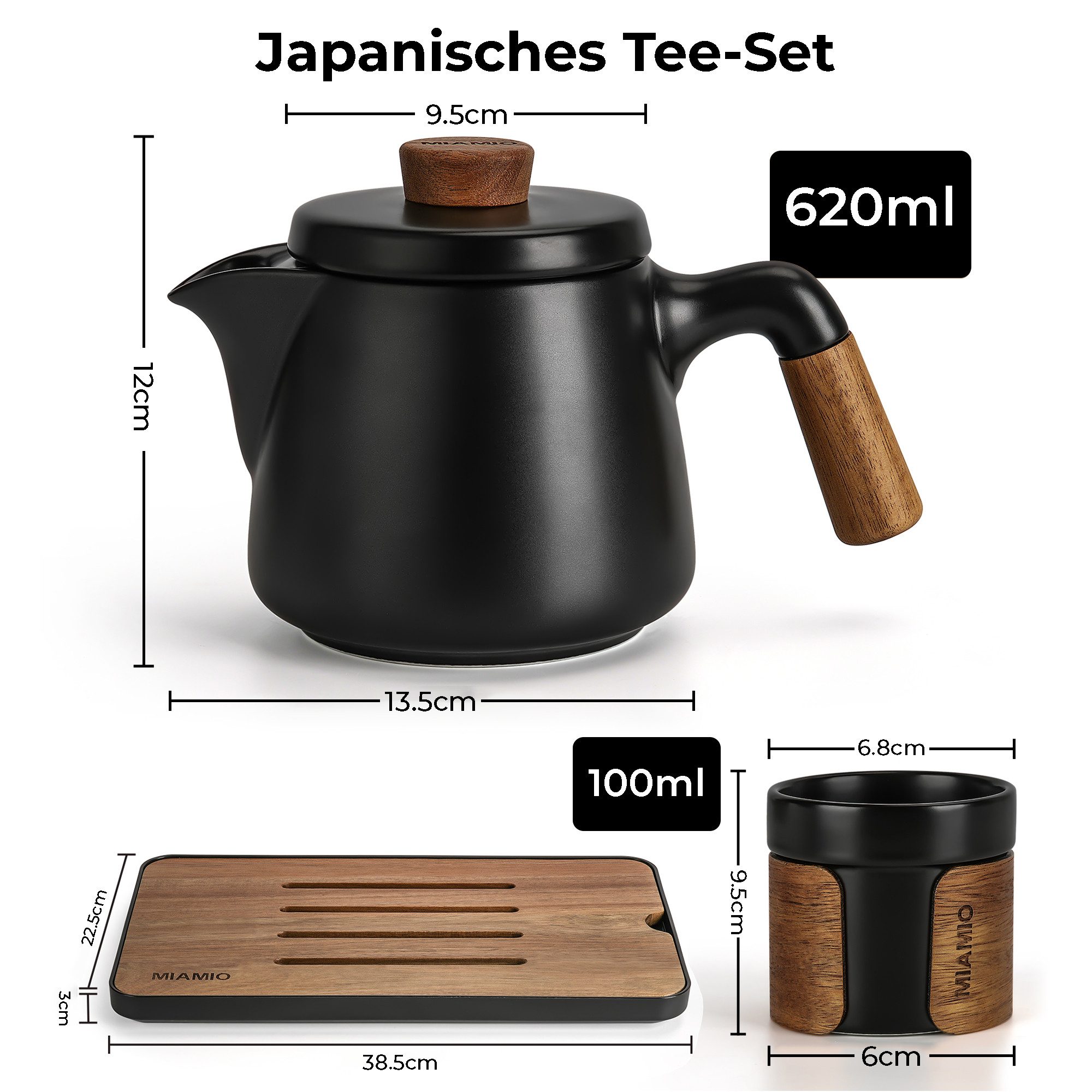 MiaMio Teeservice japanisch mit 6 Teebechern, 100 ml, Schwarz, Keramik