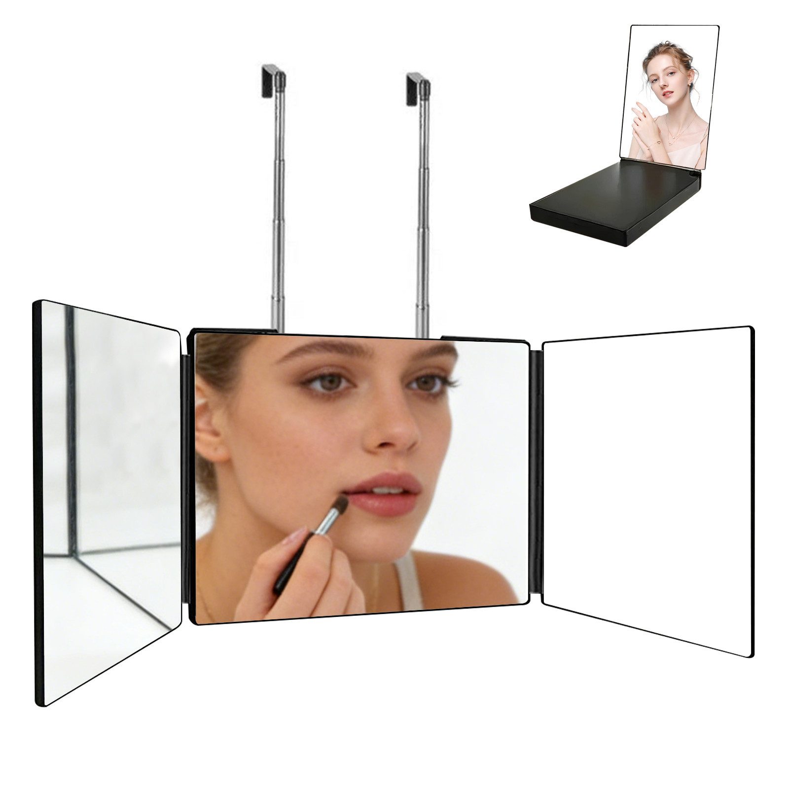 Nettlife Wandspiegel schwarz 90 cm 3-fach Klappspiegel Haken 360° drehbar Make-up-Spiegel (1-St), für Gesicht, Haare & Schminken zusammenklappbar & tragbar