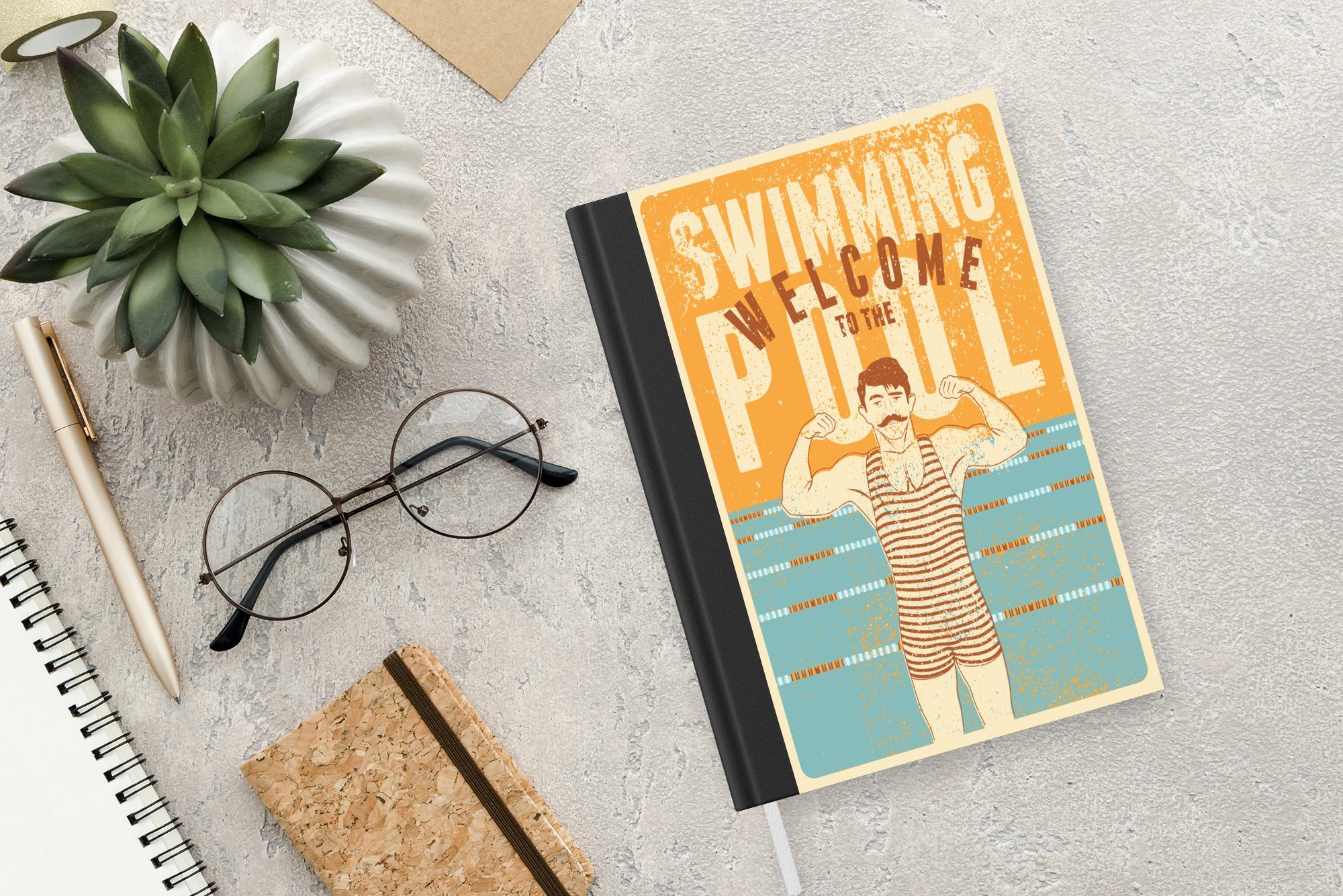 MuchoWow Notizbuch Zitate - Willkommen - Vintage Seiten, Journal, 98 Haushaltsbuch Schwimmen Badeanzug, A5, im Schwimmbad Tagebuch, Notizheft, Merkzettel, - 