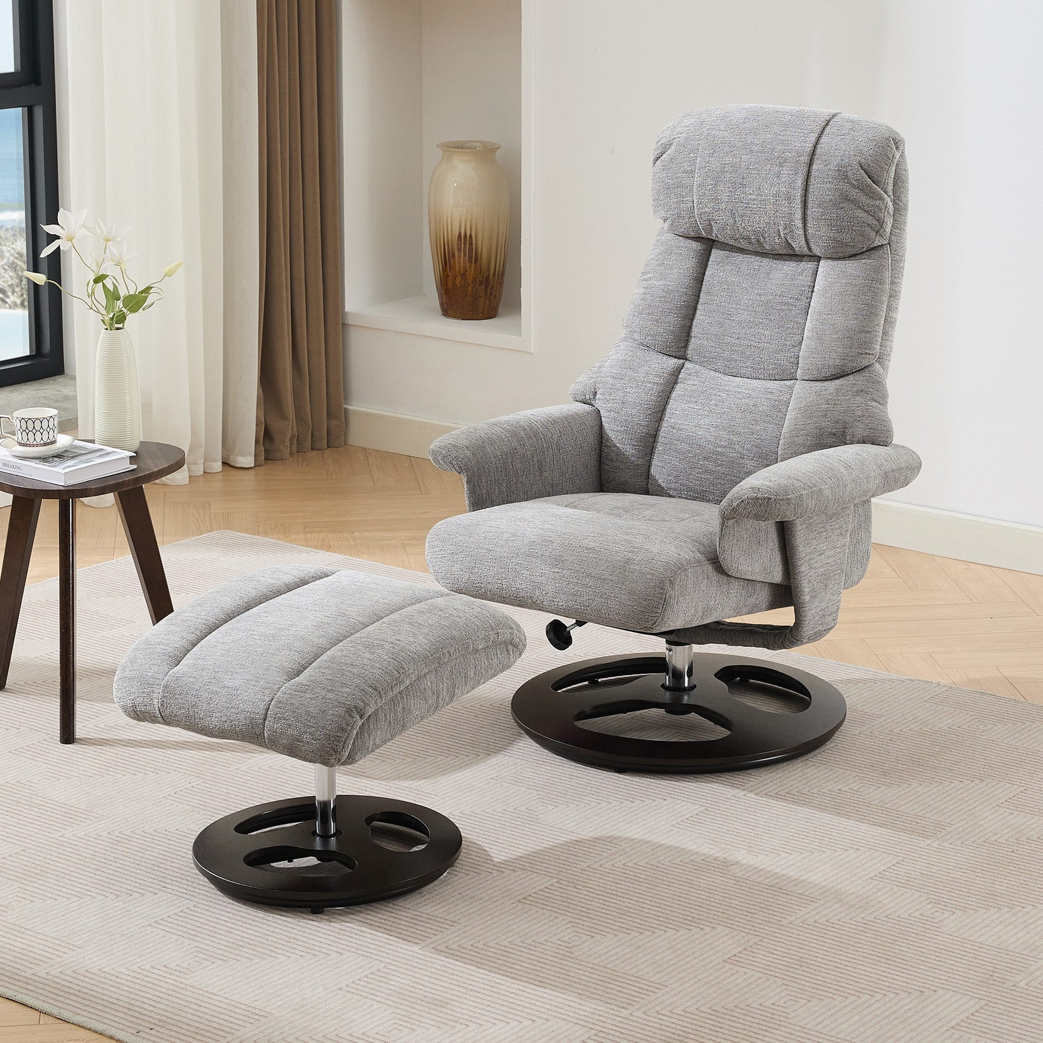 MC Star Relaxsessel 025 Komfortabler Relaxsessel mit Massage und Wärmefunktion (Liegefunktion & Hocker,360° drehbar, Chenille-Stoff Grau.Original-SKU W2087P294008)