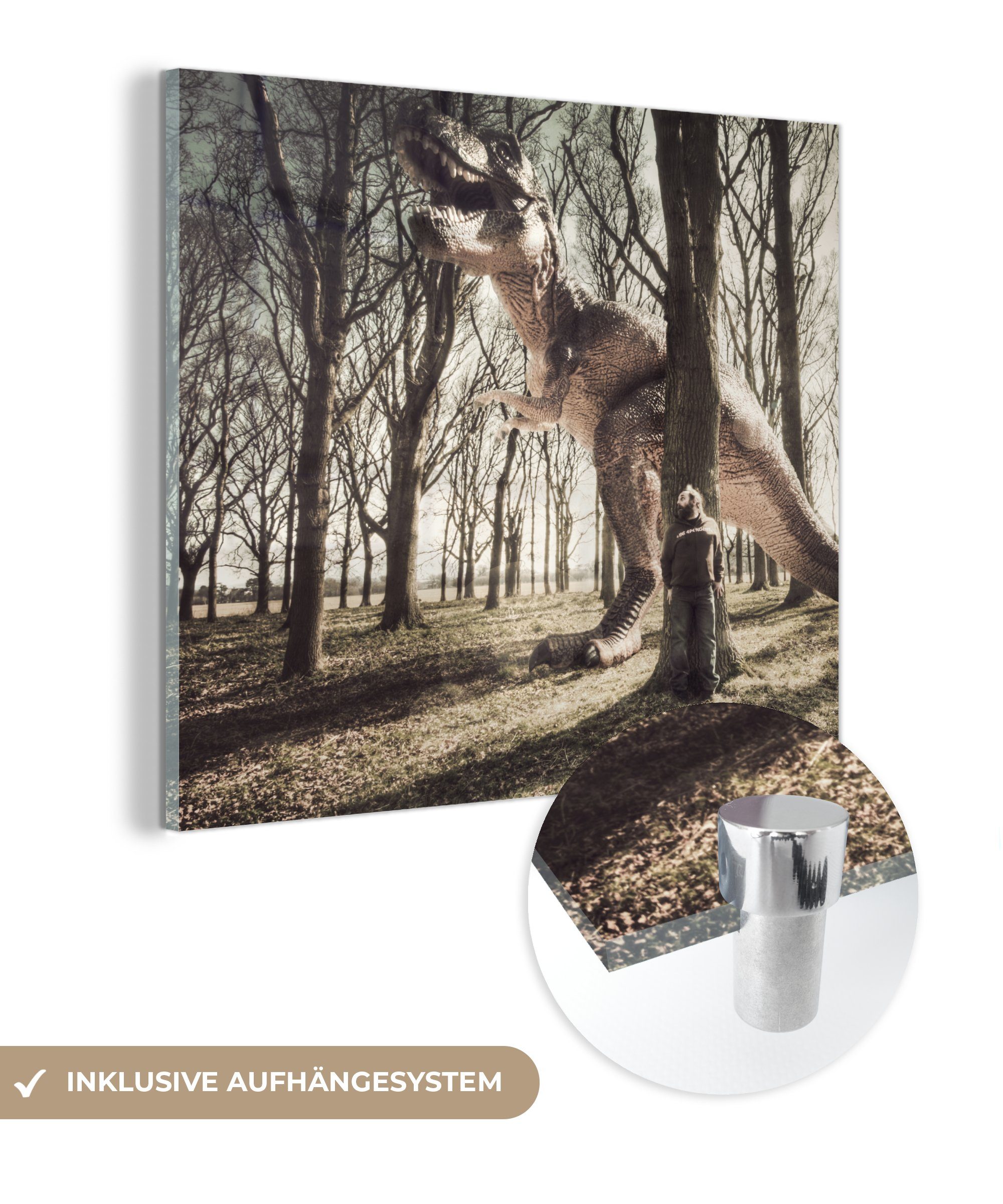 MuchoWow Acrylglasbild Dinosaurier - Wald - Baum, (1 St), Glasbilder - Bilder auf Glas Wandbild - Foto auf Glas - Wanddekoration