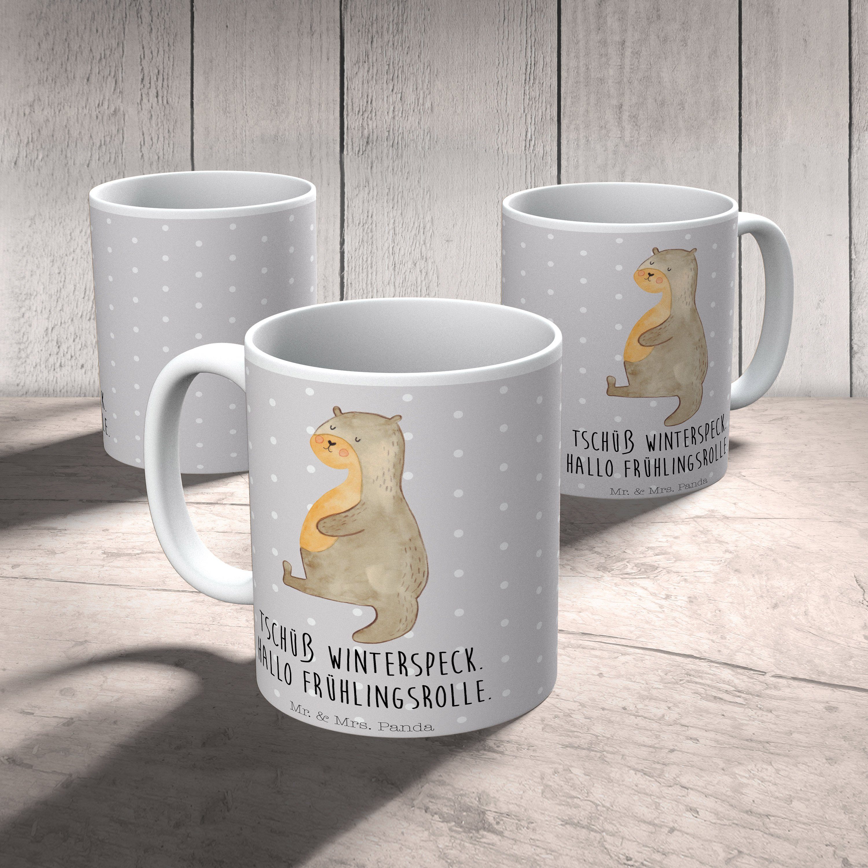 Mrs. & Ot, Otter Pastell Panda Fischotter, Keramik Mr. Tasse Grau Geschenk, Bauch voll - - gefuttert,