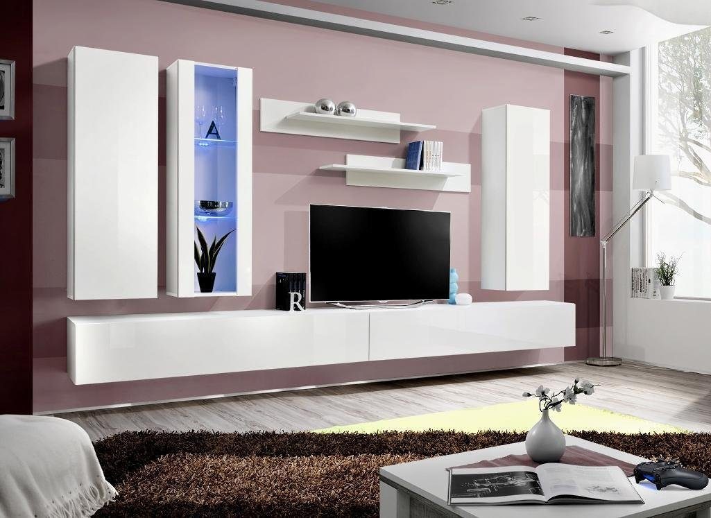 JVmoebel Wohnzimmer-Set Wohnzimmermöbel Designer Weiß Wohnwand TV Ständer, (8-St., 1x Wohnwand+2x TV Ständer+1x Hänge Vitrine+2x Wandschrank+2x Wandregal), Made in Europa