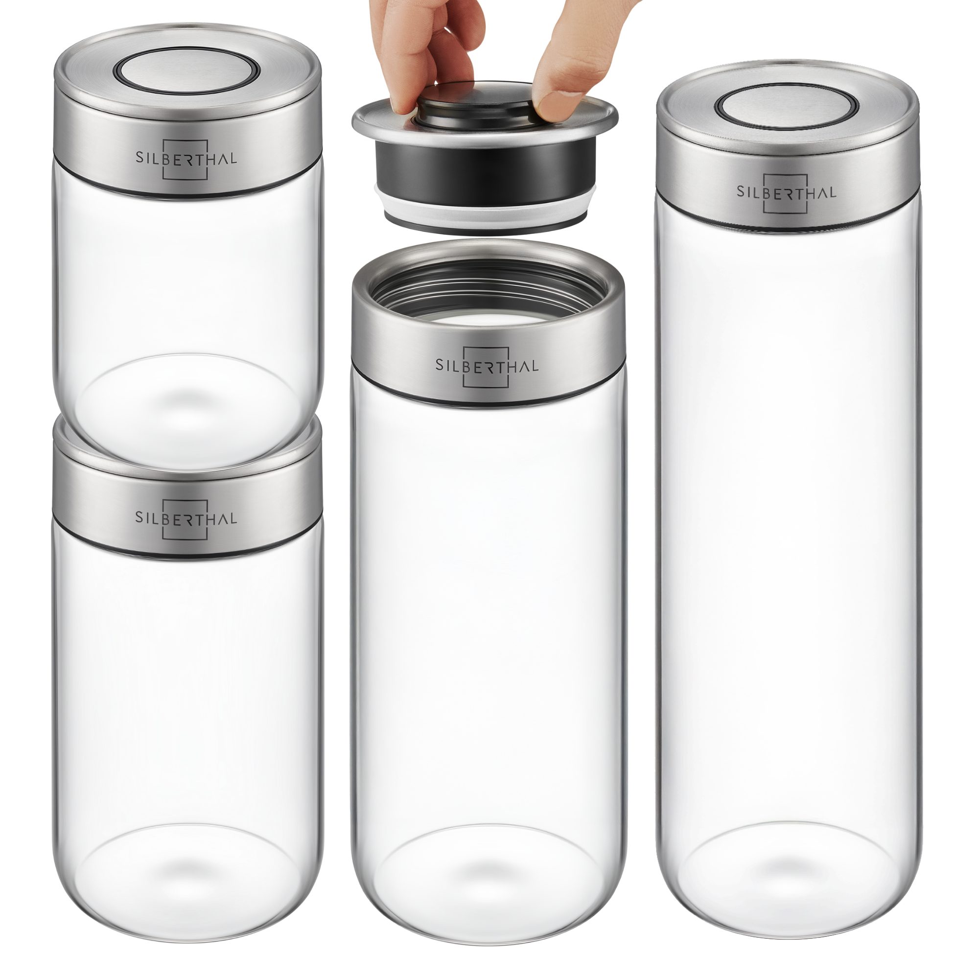 SILBERTHAL Vorratsglas 4er Set, Vorratsdosen mit Klickdeckel, Glas, Edelstahl, (4er Set Mix, 4-tlg), Luftdicht & Mottensicher