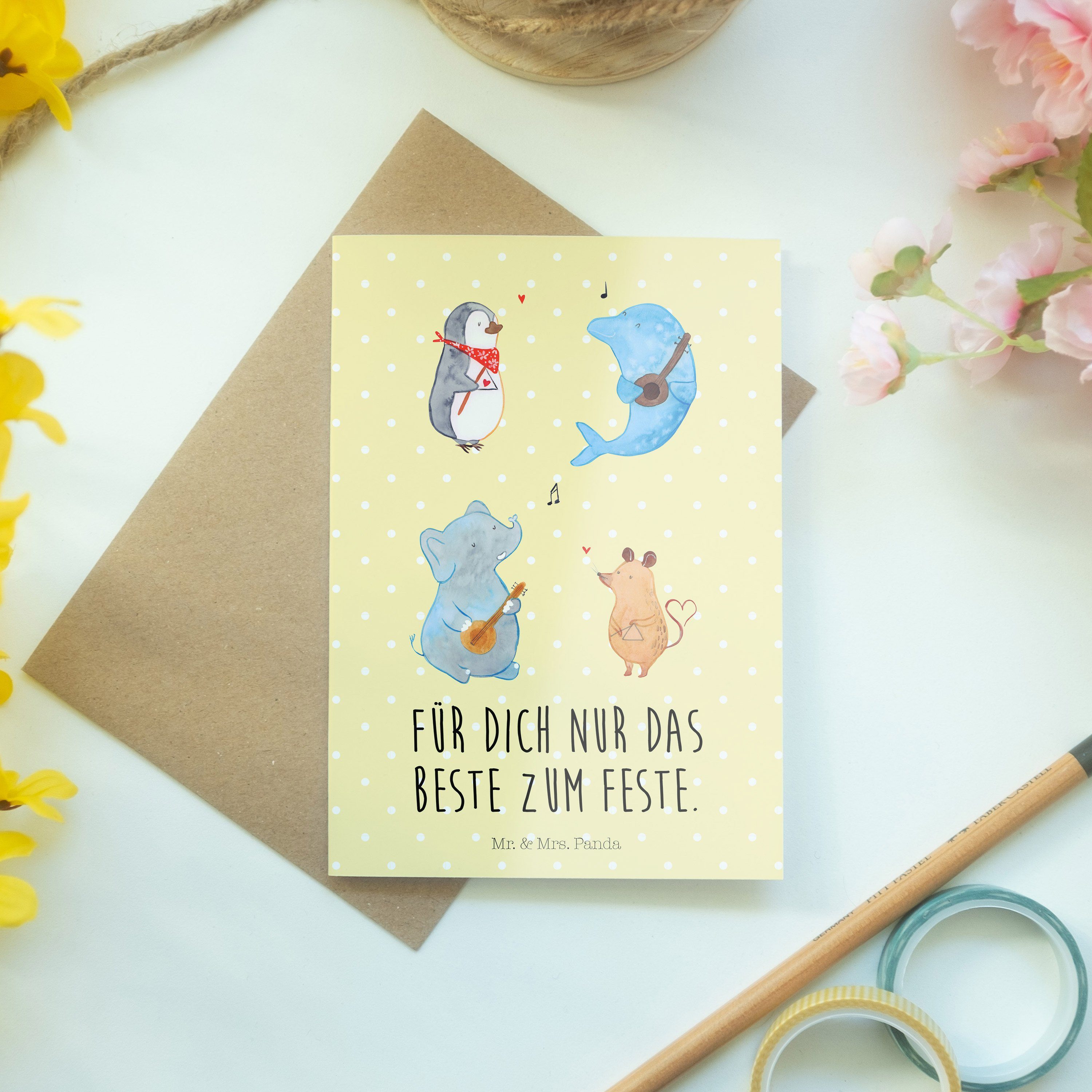 - Ein Geburtstagskarte, Geschenk, Big Panda - Klappkarte, & Gelb Mr. Mrs. Band Grußkarte Pastell
