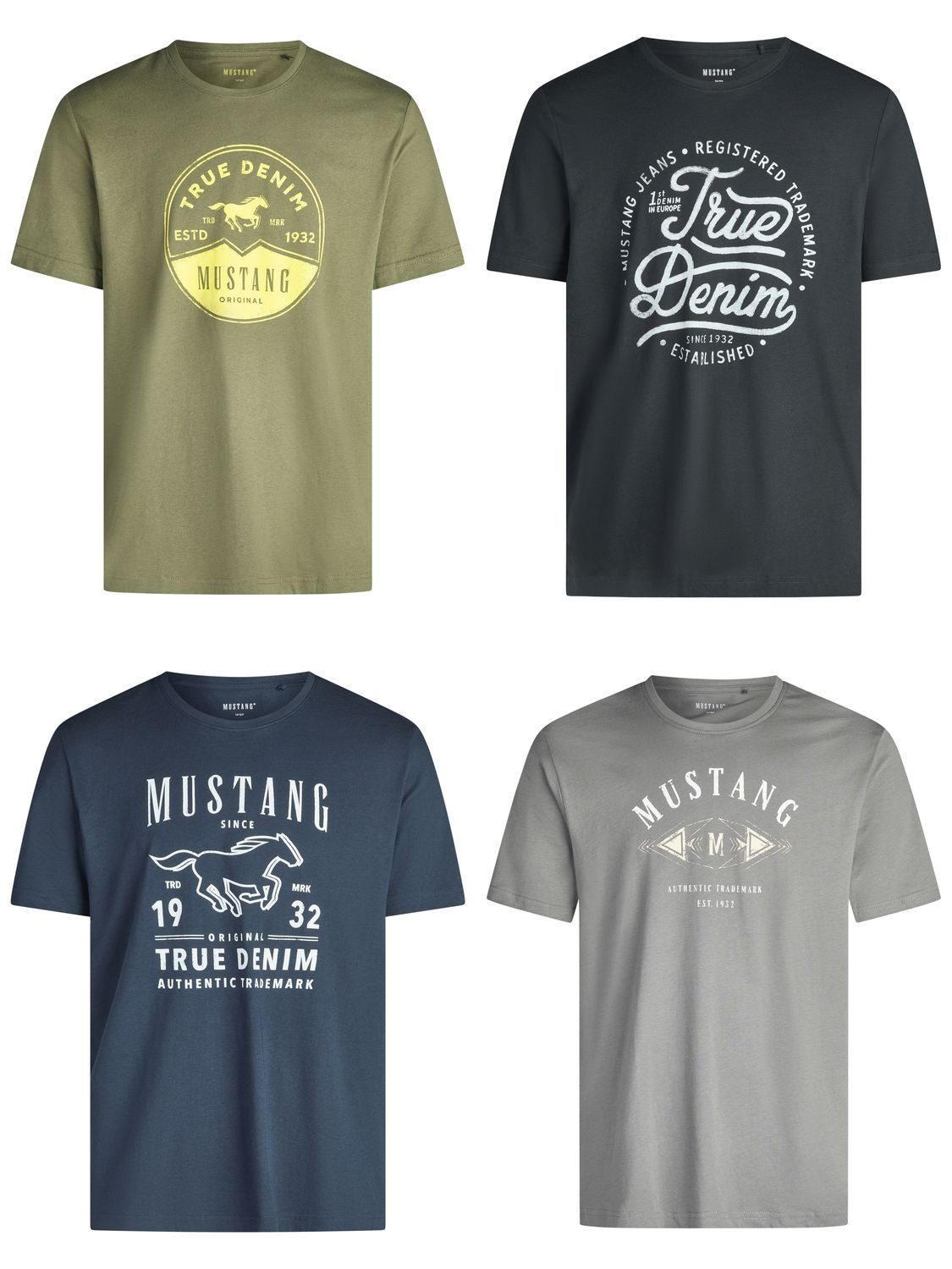 MUSTANG T-Shirt Herren Printshirt 4er Pack Set Regular Fit (Vorteilspack, 4-tlg) Kurzarm Sommer Tee Shirt mit Rundhalsausschnitt aus 100% Baumwolle