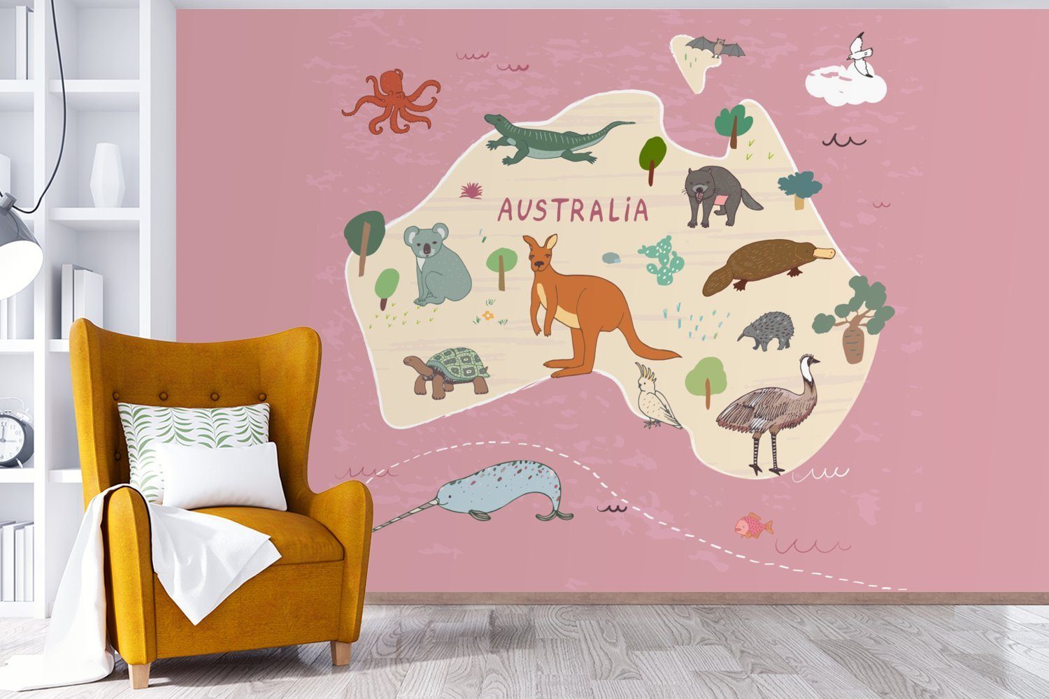 Fototapete Kinder, - Matt, Weltkarte Schlafzimmer, Tapete - Tiere - für Mädchen St), Vinyl Wallpaper Australien (6 - Wohnzimmer, MuchoWow Kinder bedruckt, Kinderzimmer, -