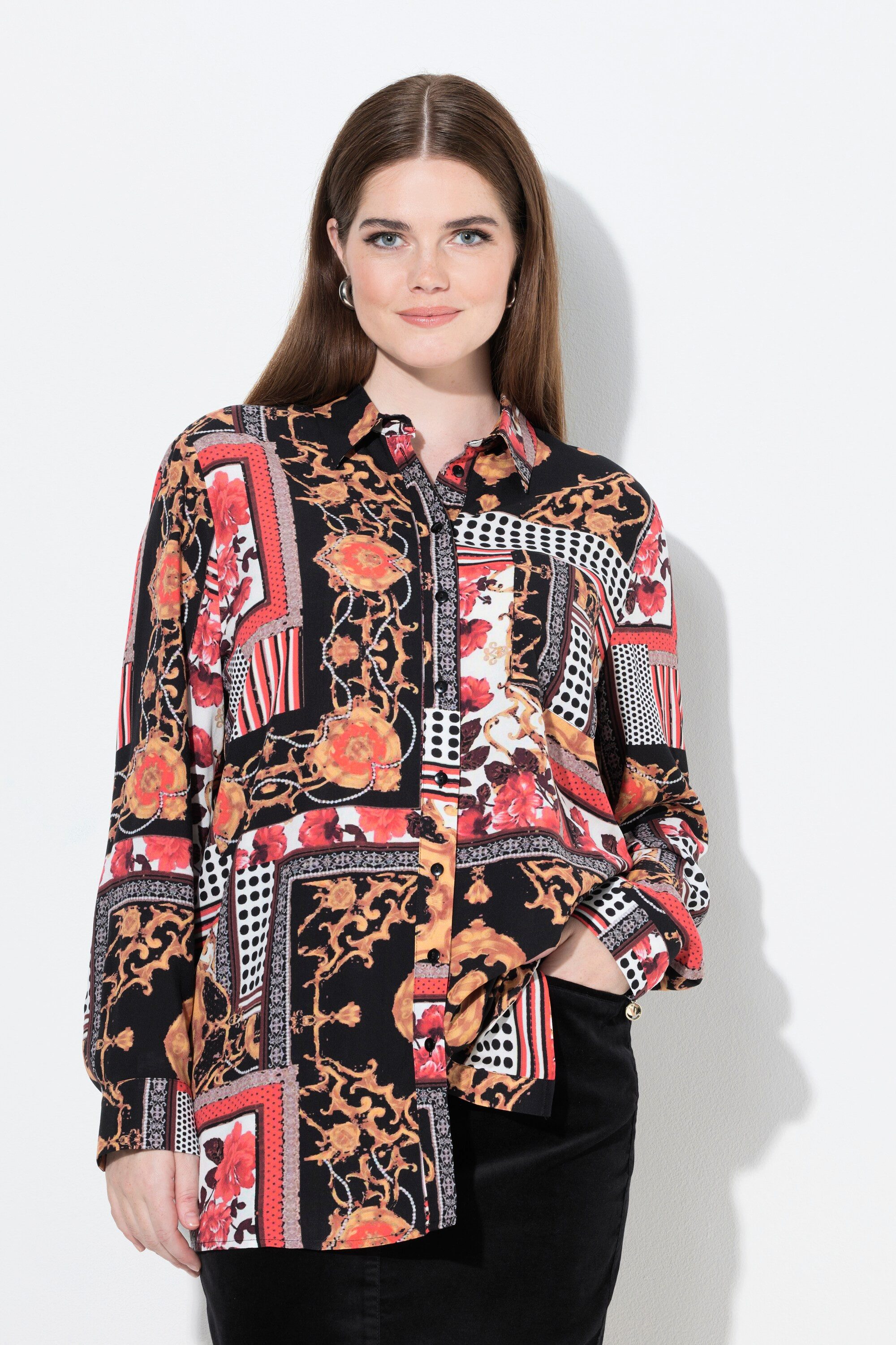 Ulla Popken Hemdbluse Hemdbluse Landhausmuster Hemdkragen Langarm