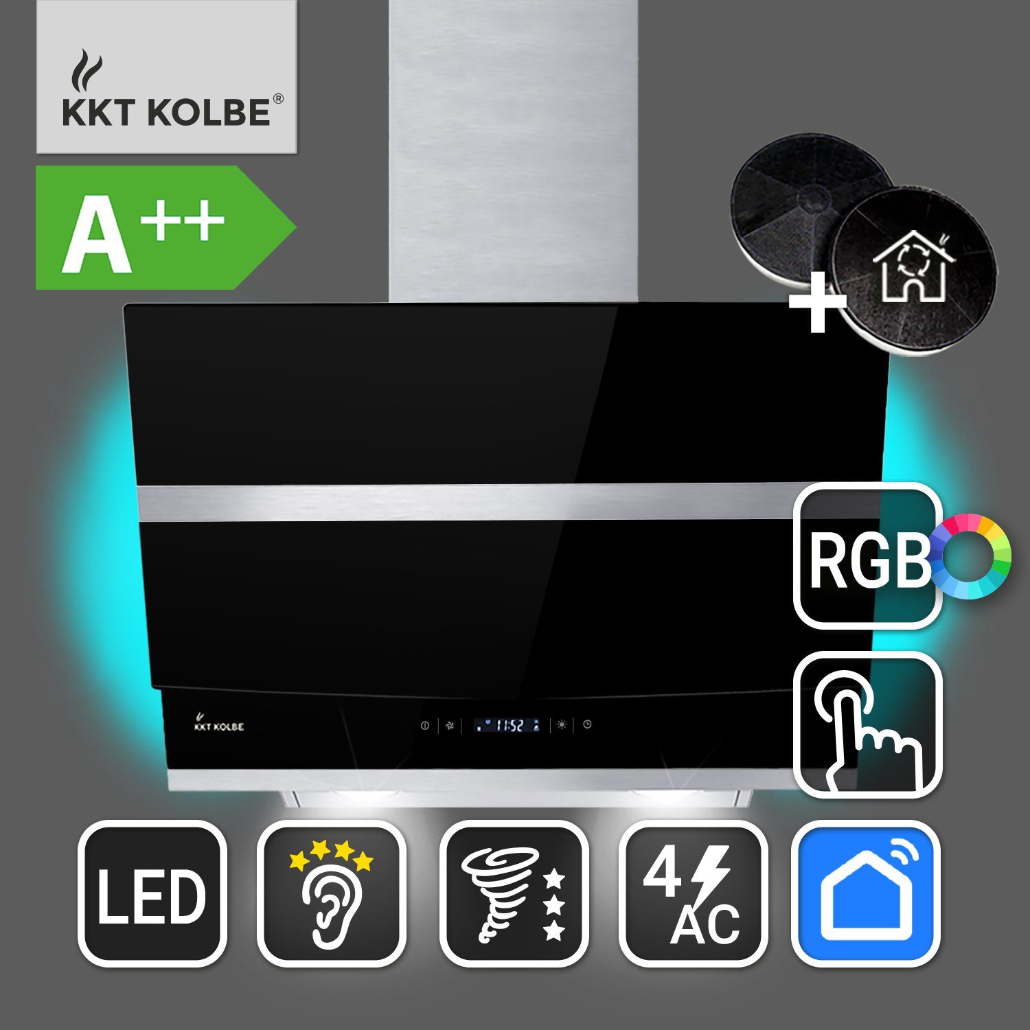 KKT KOLBE Wandhaube Dunstabzugshaube / Glas 60cm RGBW / Edelstahl / HERMES608SM / 60cm Smarte Ambientebeleuchtung, WiFi-App Kopffreihaube Leise 