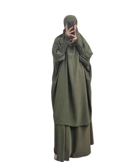 HELLO MISS Maxikleid Islamische Abaya Jilbab Set 2 Teilig Oberteil & Rock Khimar, Kopftuch (Zweiteiler 2 Teilig, 2 Stück, Langoberteil & Rock) in Unifarbe
