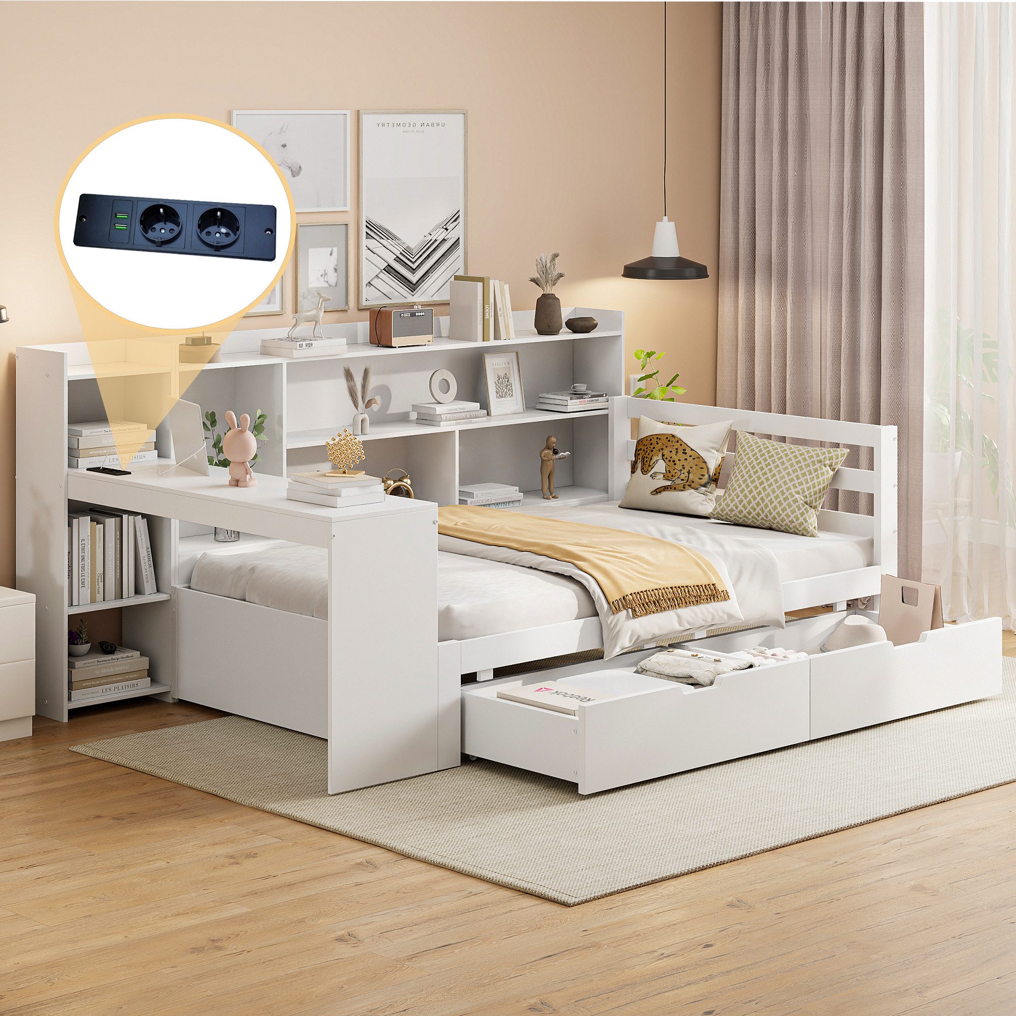 Merax Daybett mit USB-Ladeanschluss (Multifunktionales Schlafsofa Tagesbett aus Massivholz, 1 tlg), Kinderbett mit Ablagefächern, Schreibtisch und Regalen, 90x200cm
