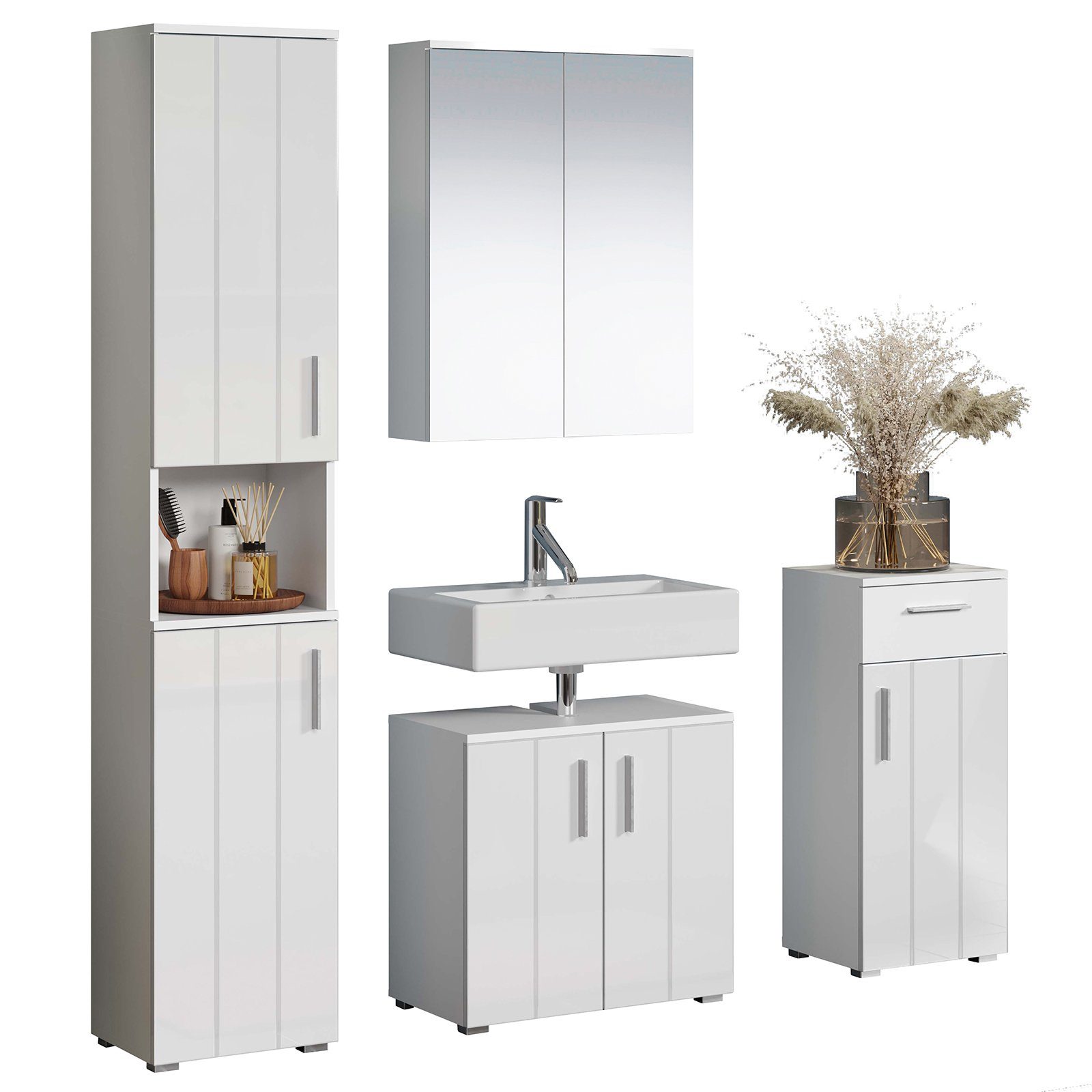 trendteam Badmöbel-Set Wons, Badezimmerset Badezimmerschrank Wandspiegel Badschrank Weiß