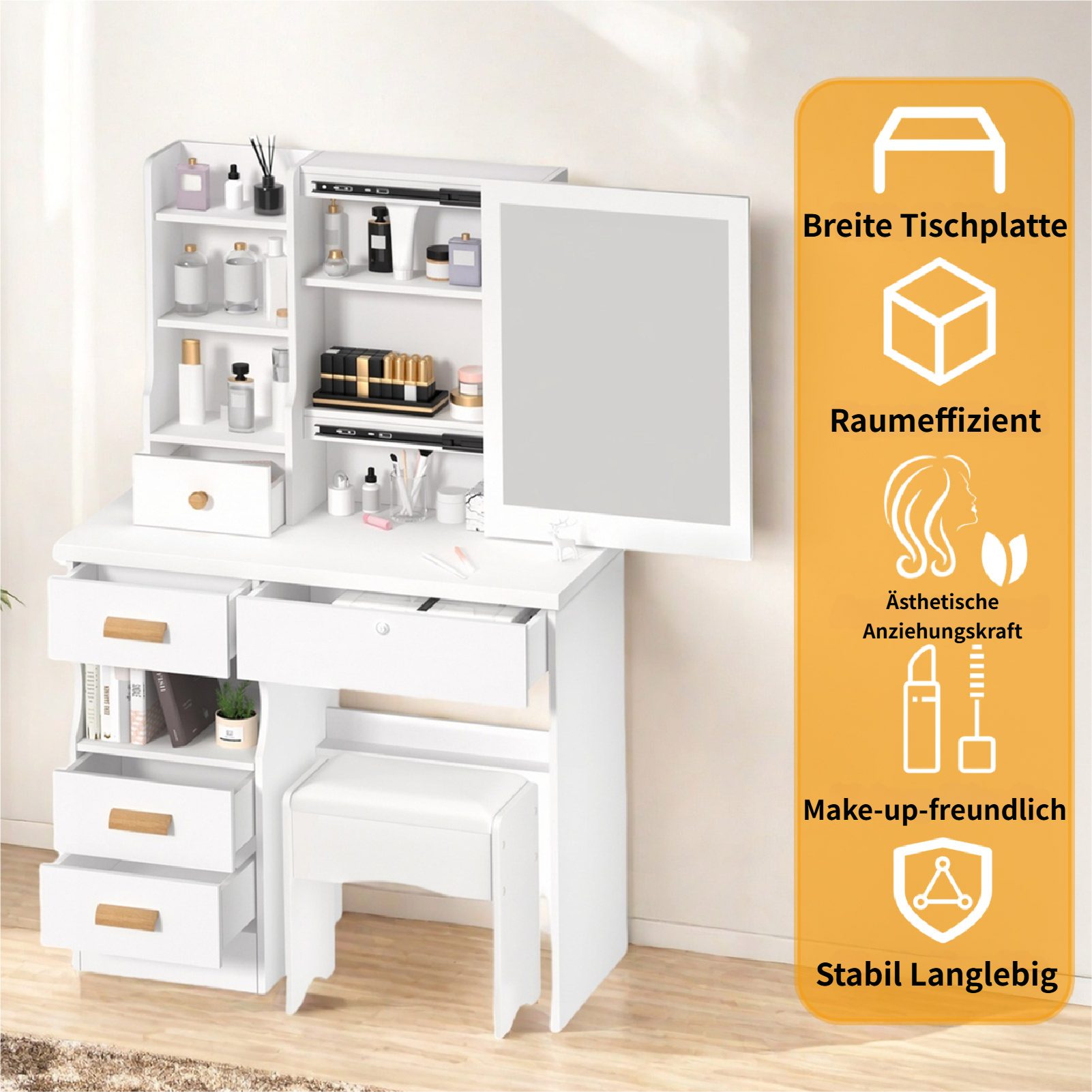Rutaqian Schminktisch Frisiertisch mit LED-Leuchten,5 Schubladen,3 offenes Regal,1 Hocker (1 Tisch mit 1 Hocker), Kosmetiktisch mit Spiegel und Stuhl, 80cm Make up Tisch, Modern,Weiß