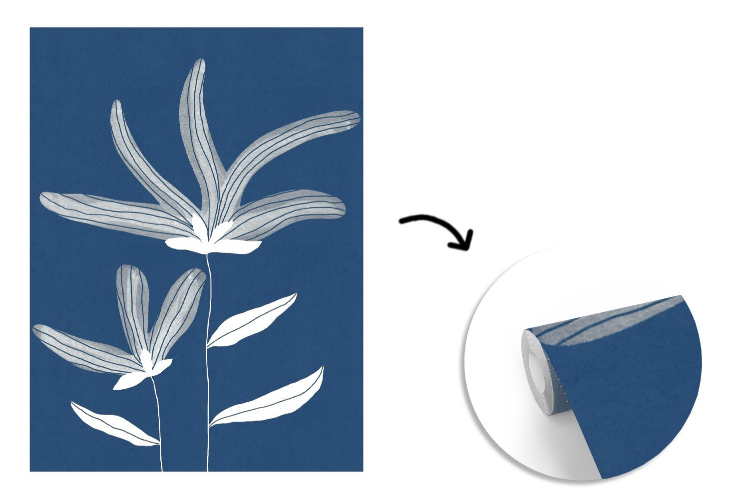 Tapete Blau - - Pflanzen Matt, für - Wohnzimmer, St), Vinyl Natur, Fototapete Wandtapete Blumen bedruckt, Montagefertig MuchoWow (4
