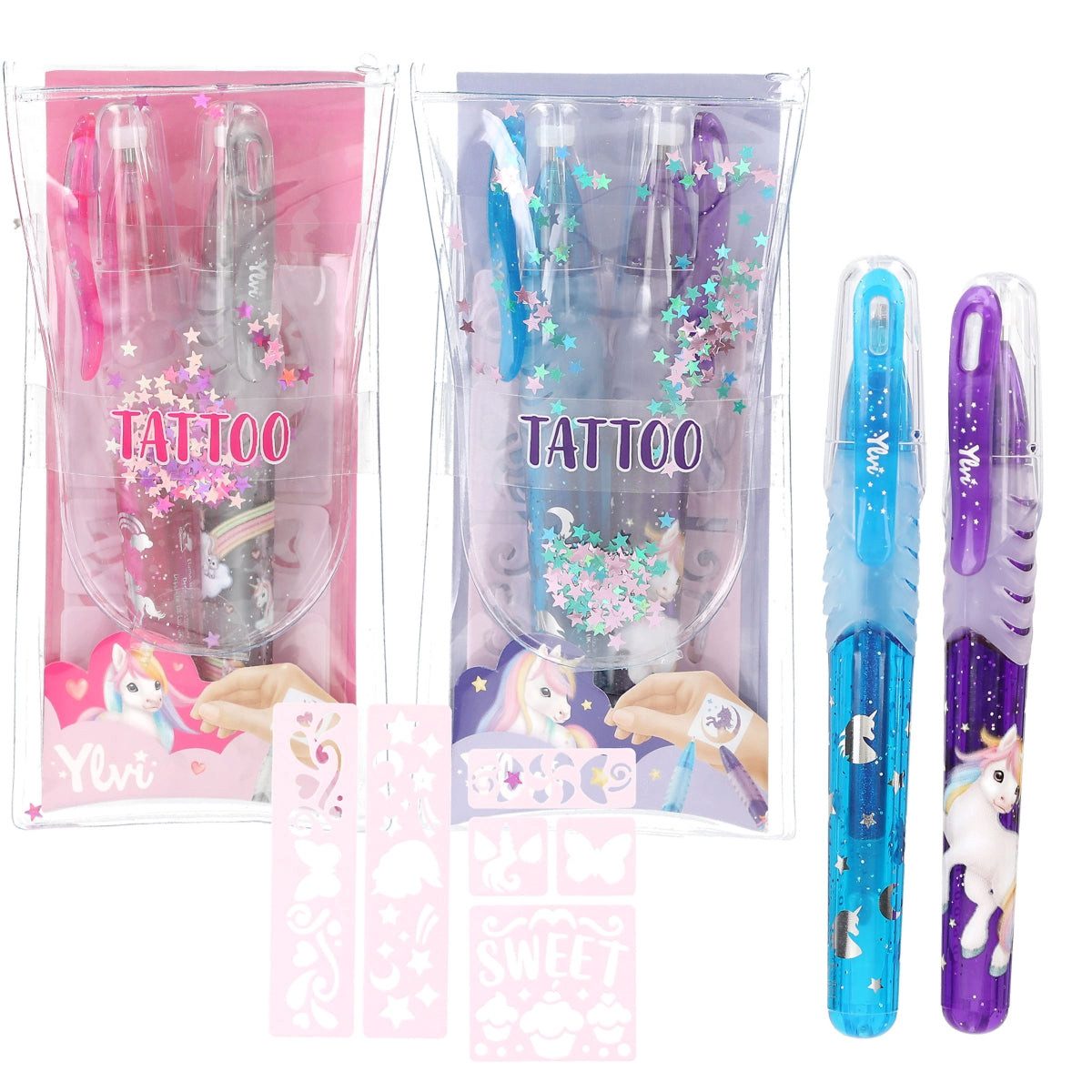 Depesche Kugelschreiber Ylvi Tattoo Glitzer Gelstifte - Magisches Tattoo-Set mit Schablonen