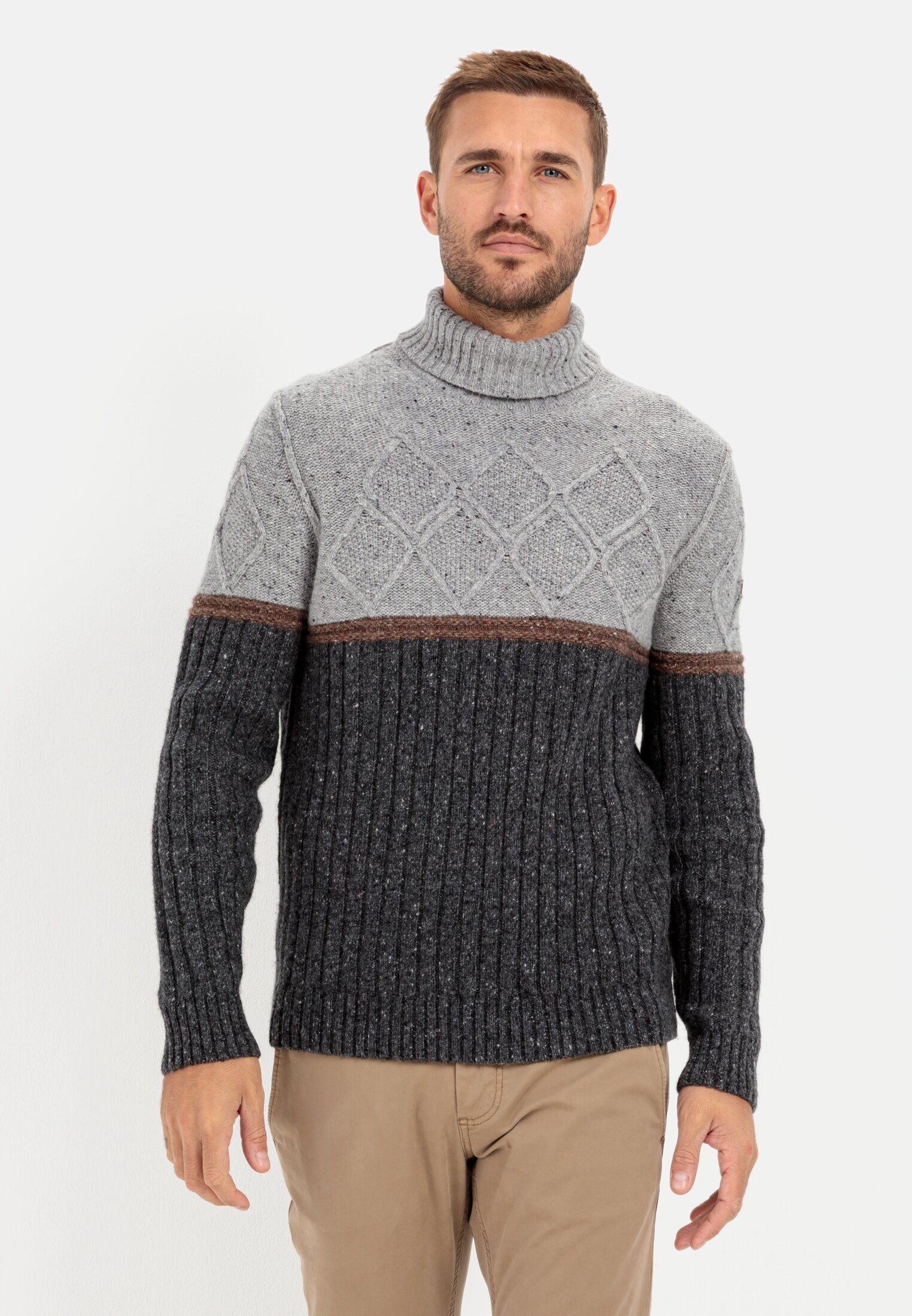 camel active Rollkragenpullover mit nachhaltiger Merinowolle Leder-Badge