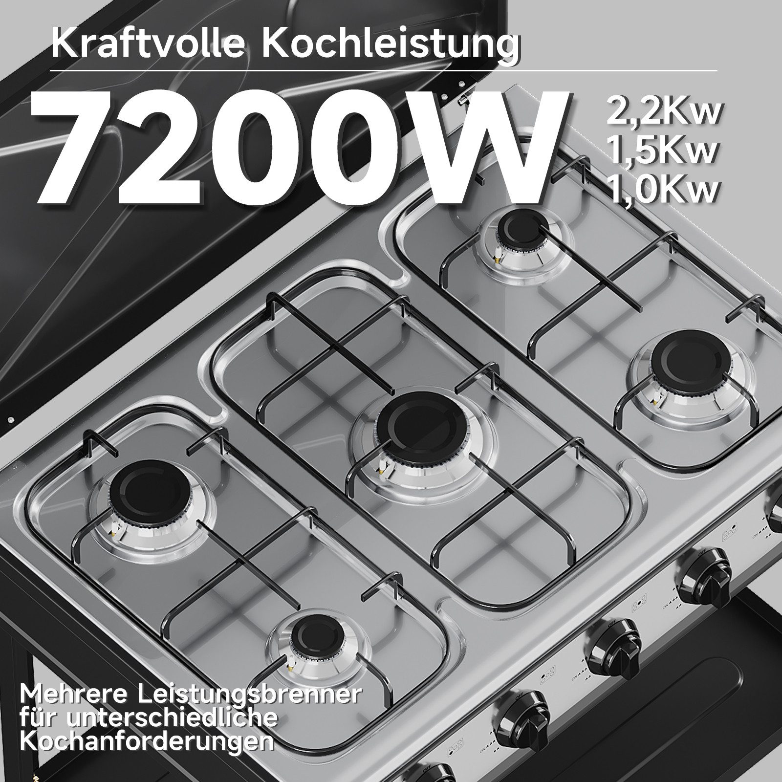 HOMELUX Gaskocher Campingkocher, 3/4/5 Flammig Gasherd Kochfeld, Campingkocher mit 1,5M Anschlussschlauch und Druckminderer 50 mbar