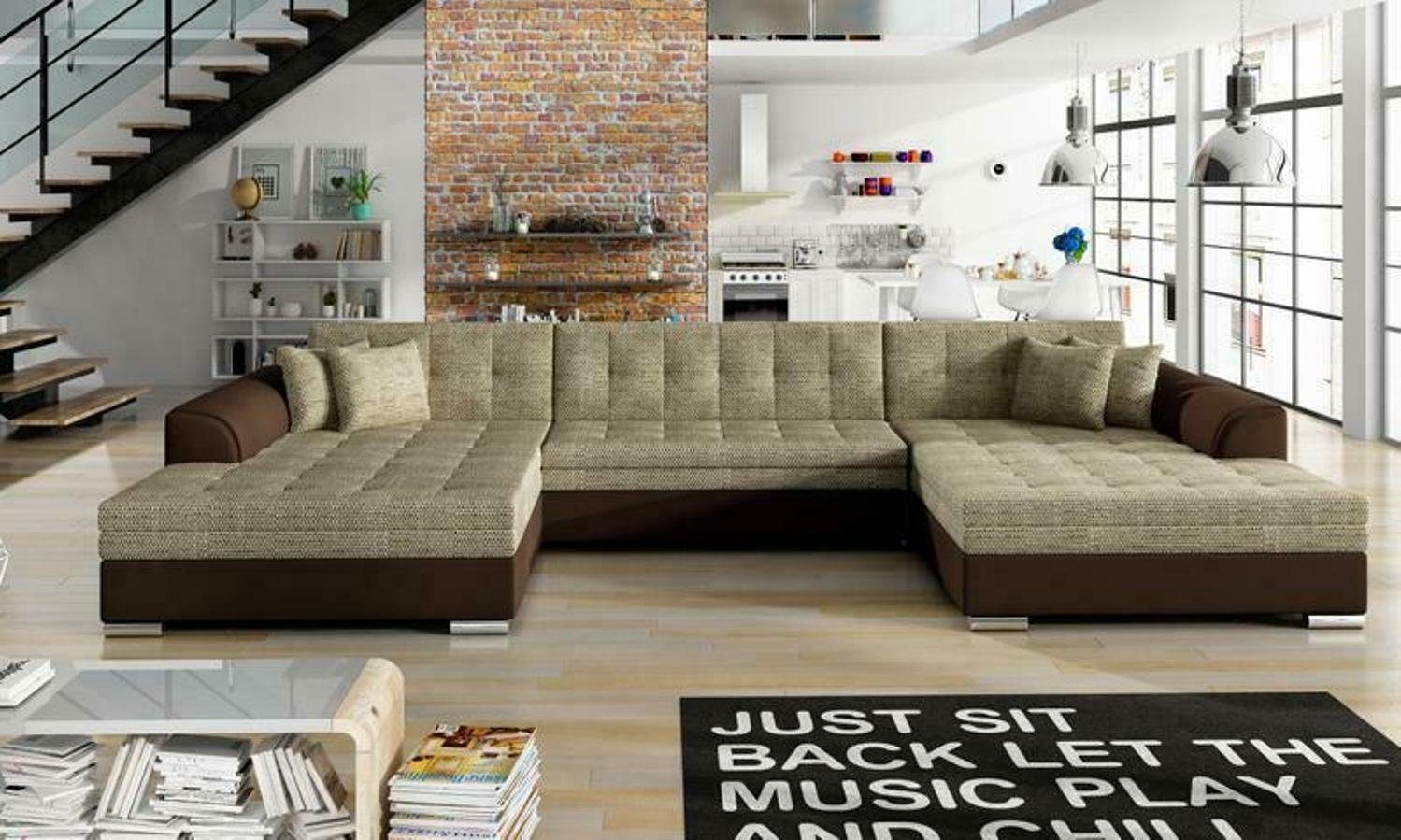 JVmoebel Ecksofa, Klassisch Design Ecksofa Vento Bettfunktion Couch Leder Polster Textil Hellgrau / Beige