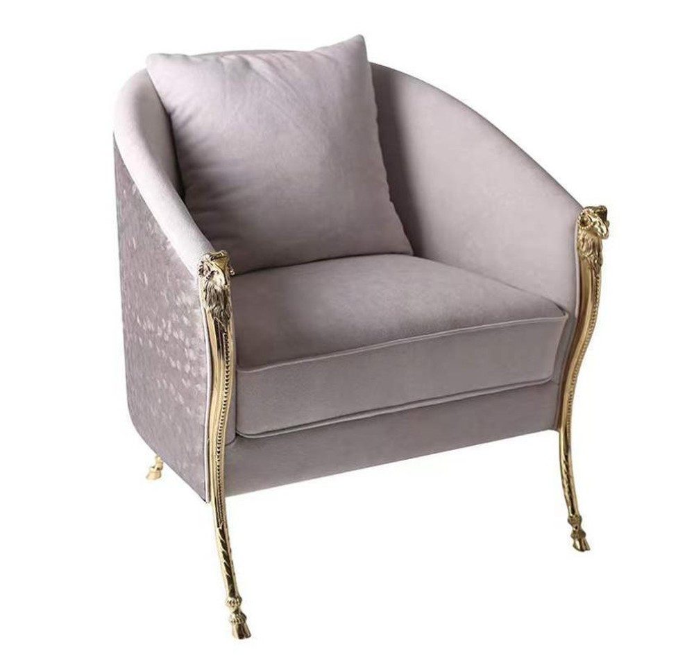 Sessel Bequemer Lounge Stuhl aus Leder in Beige mit goldenen Füßen