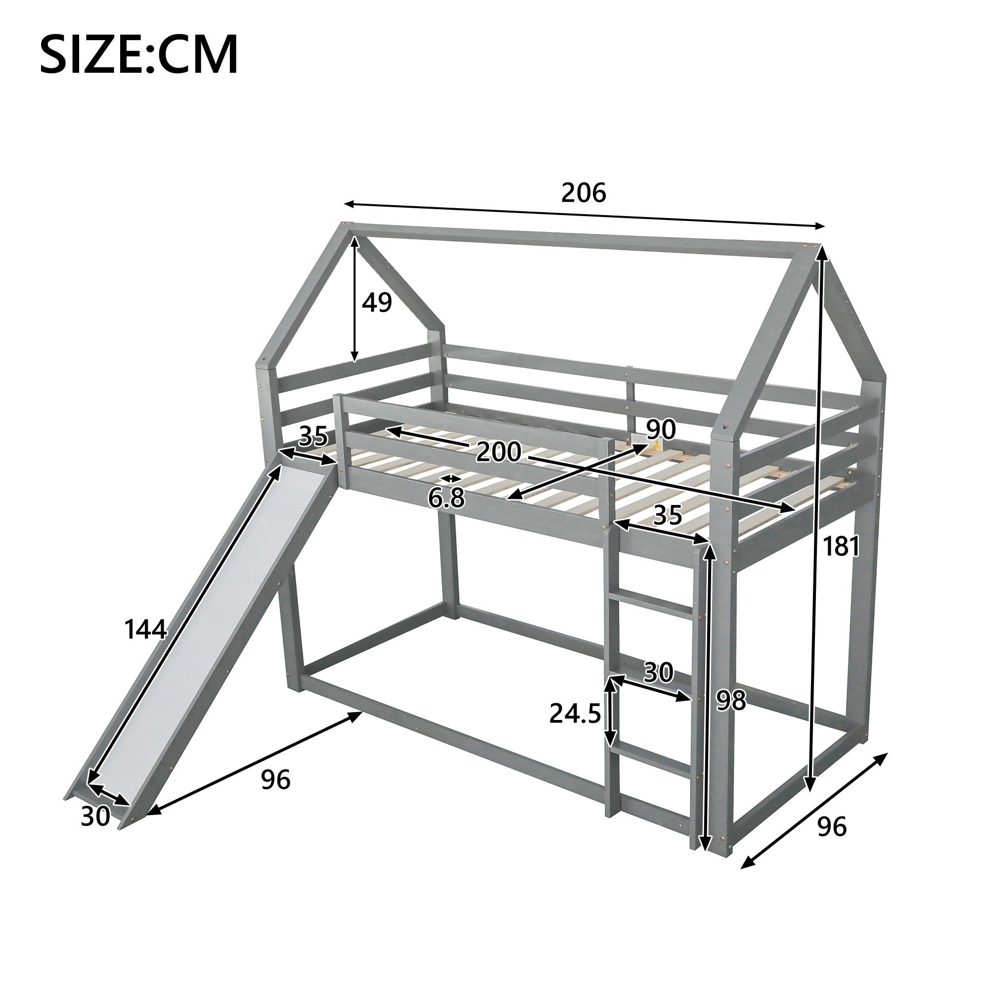 Merax Etagenbett Einzelbett Rausfallschutz mit 90x200cm Rutsche aus Leiter, Liegeflächen, und mit Kiefernholz Grau Hochbett mit Kinderbett 2 mit Lattenrost