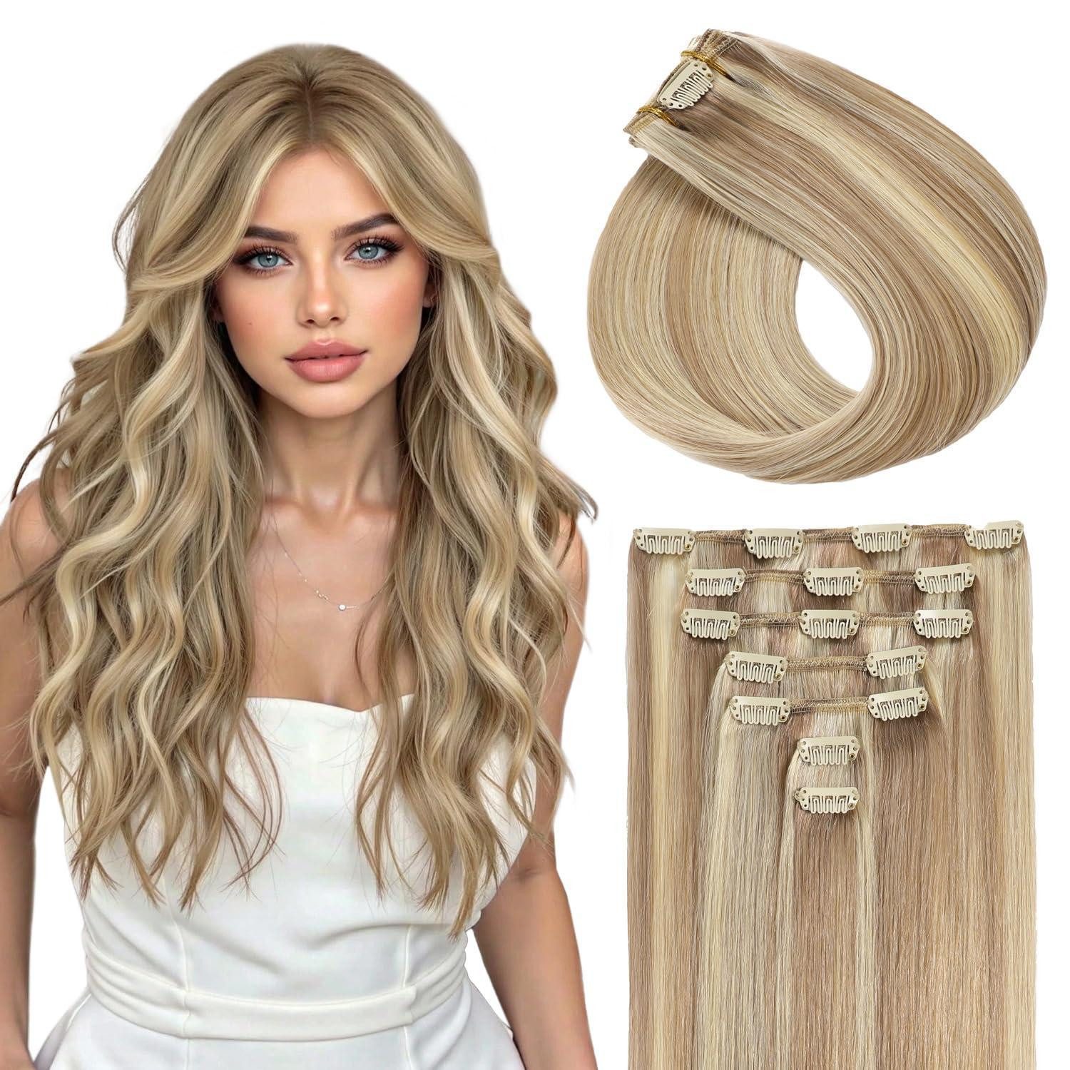 Echthaar-Extension Extensions Clip in Echthaar Aschblond Platinblond 40cm-70g #P18 613