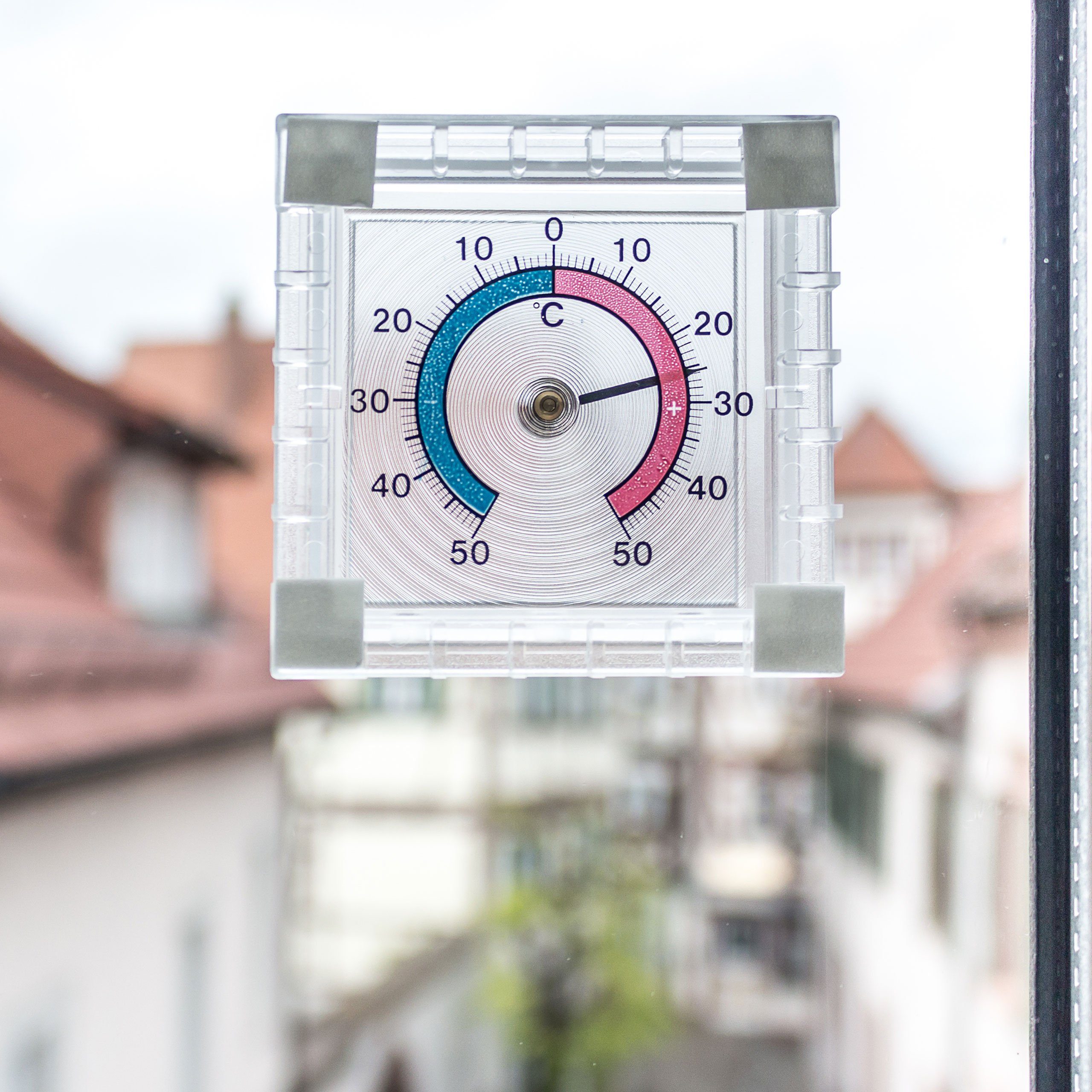 Lantelme Fensterthermometer für Fensterscheibe Fenster Außen Thermometer Analog, Spar-Set 3-tlg., 3 Stück mit Klebepads im Set, Selbstklebend, Justierbar, Temperatur +/- 50°C, Maße 7,5x7,5x2cm