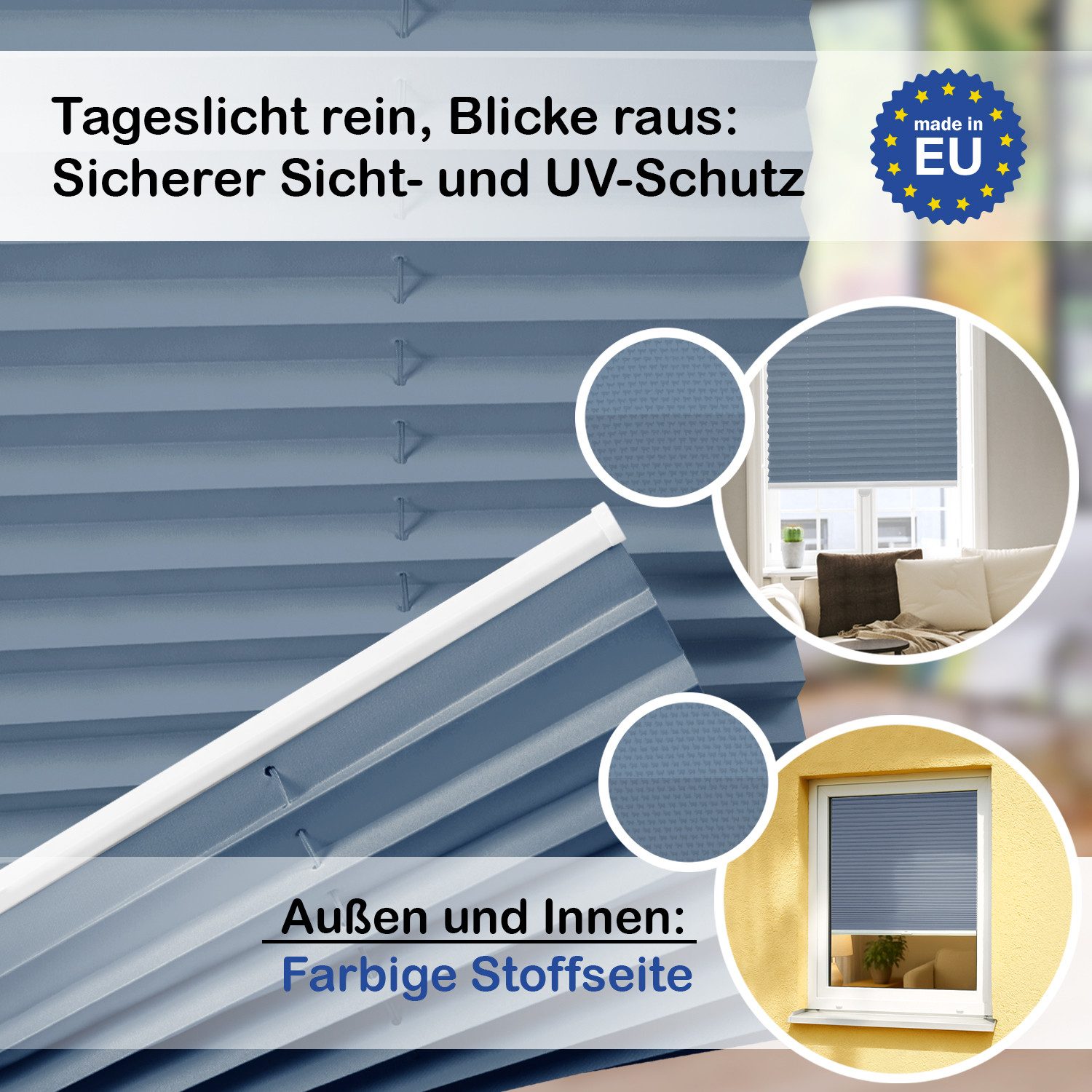 Rikmani Plissee Klemmfix ohne Bohren Blau 40x100 cm, blickdicht, Klemmfix, Sichtschutz, Sonnenschutz, einfache Montage, Stufenlos verstellbar
