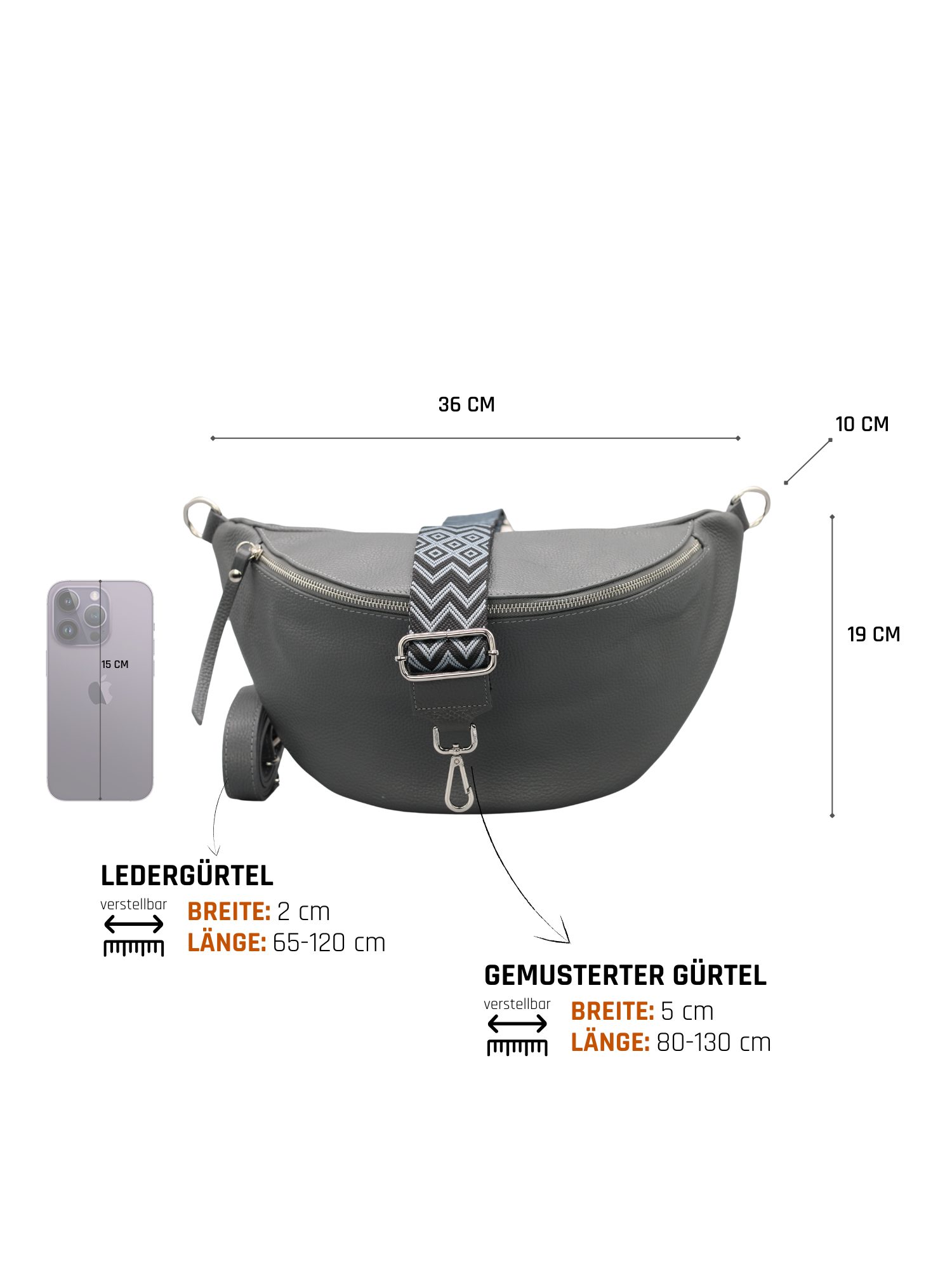 Adel Bags Schultertasche EMMA XL Umhängetasche Crossbody Bag Gürteltasche mit 2 Riemen, echtes Leder, hergestellt in Italien
