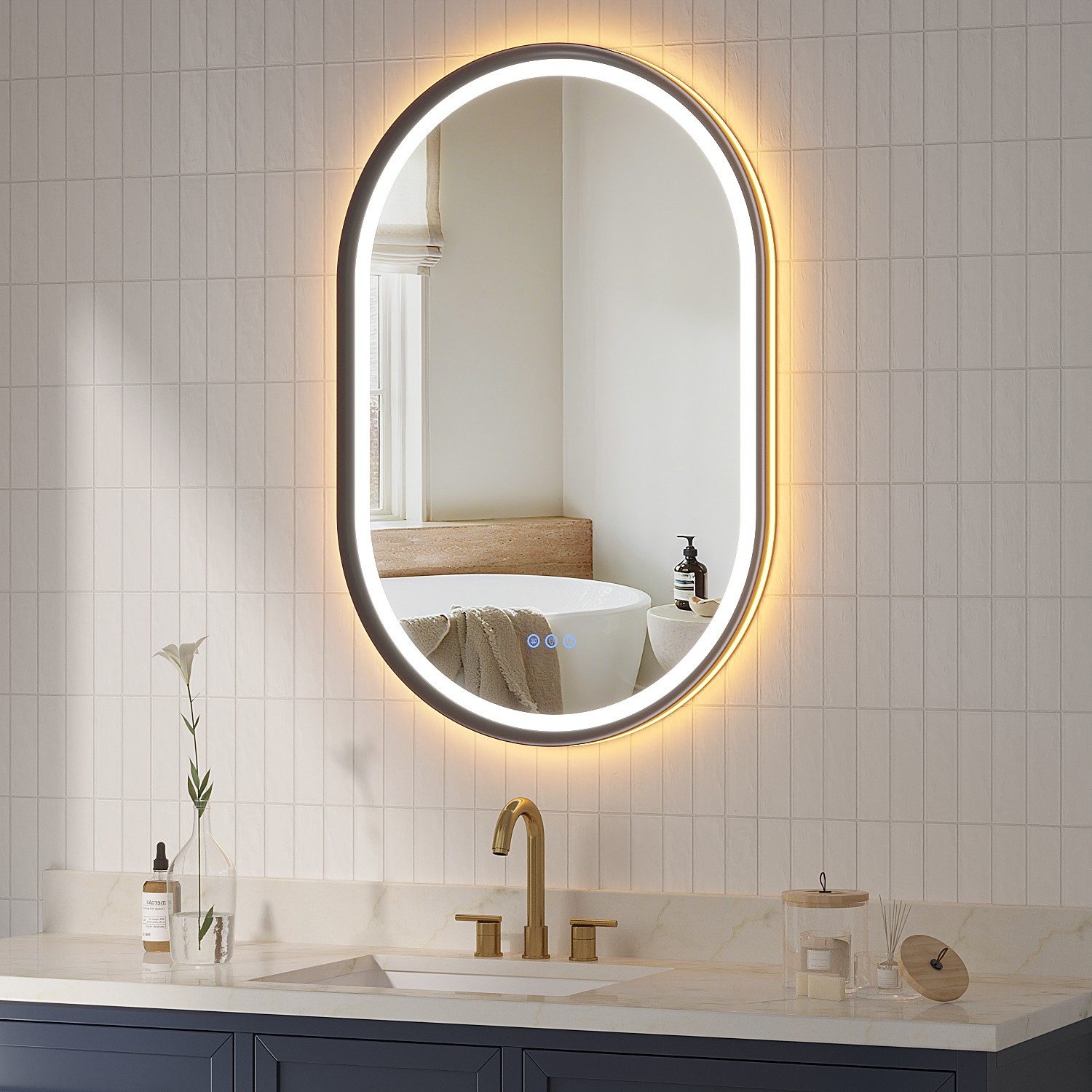 AQUABATOS Badspiegel mit Beleuchtung Ovaler LED Spiegel dimmbar Wandspiegel für Badezimmer, 50x80 / 60x90 cm, Beschlagfrei,Touch,Memory,Kaltweiß & Warmweiß,IP44