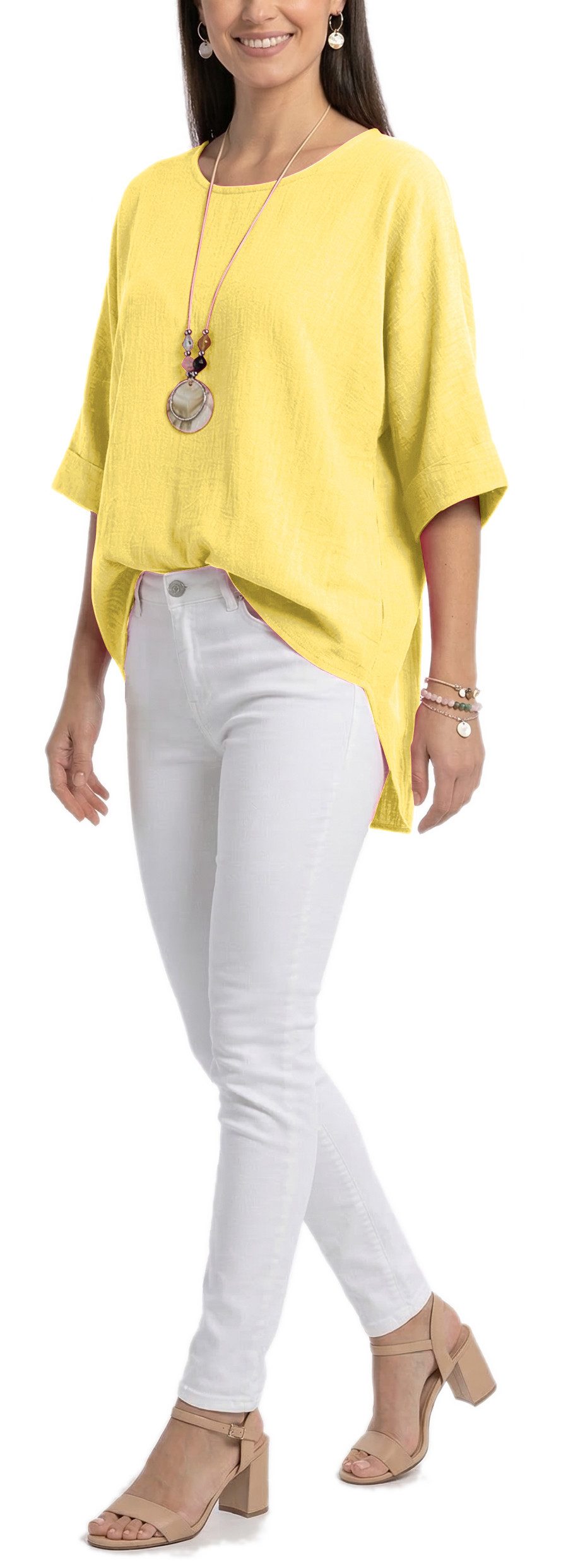 dy_mode Kurzarmbluse Damen Bluse Oversize Tunika Leichte Viskosebluse Oberteil Einfarbig in Unifarbe, High-Low Saum, mit passende Kette