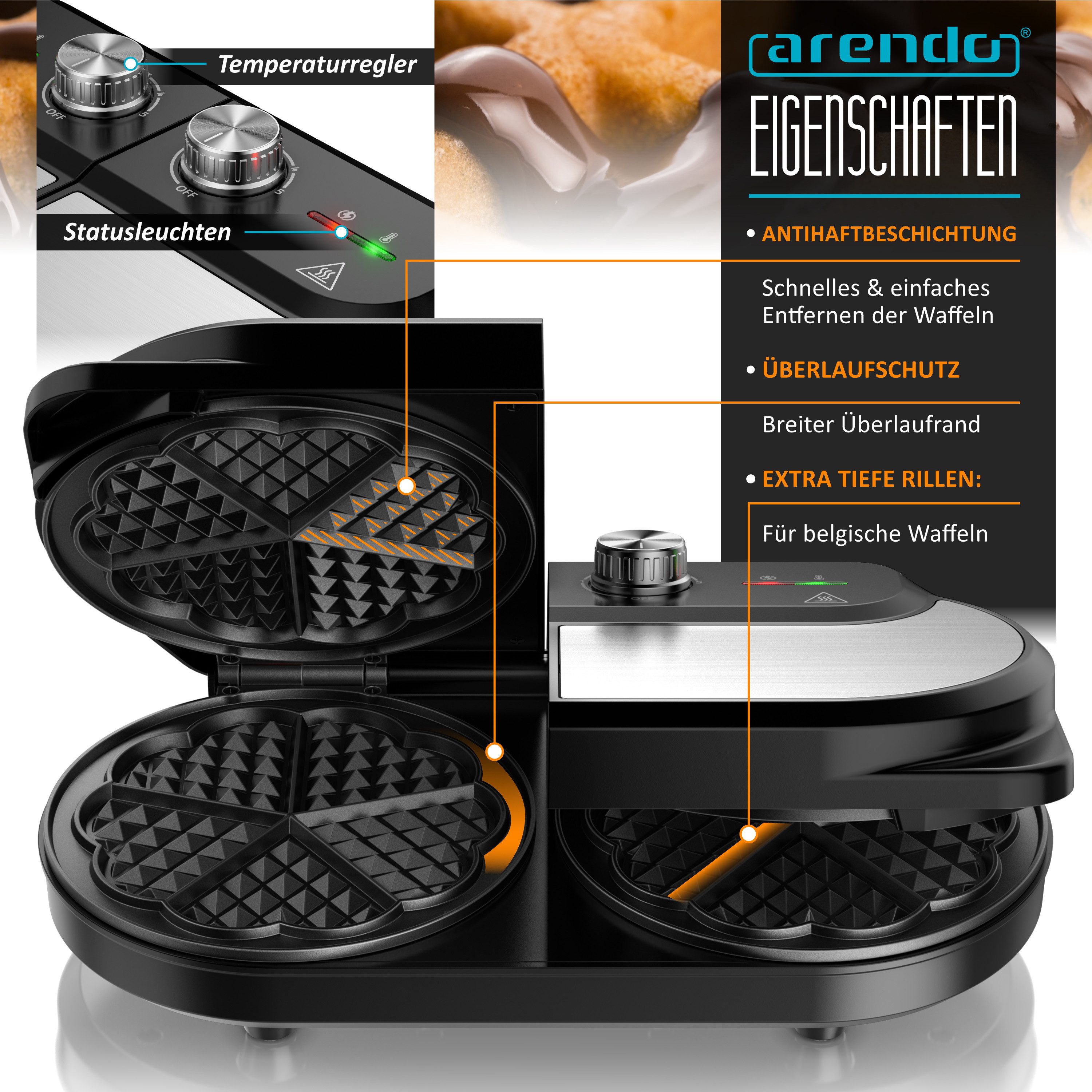 Arendo Waffeleisen Waffeleisen doppelt für 2 Herzwaffeln, 1400 W, Temperaturregler, 1400 W, 2 Zonen, Antihaftbeschichtung, Edelstahl, silber/schwarz, BPA-frei