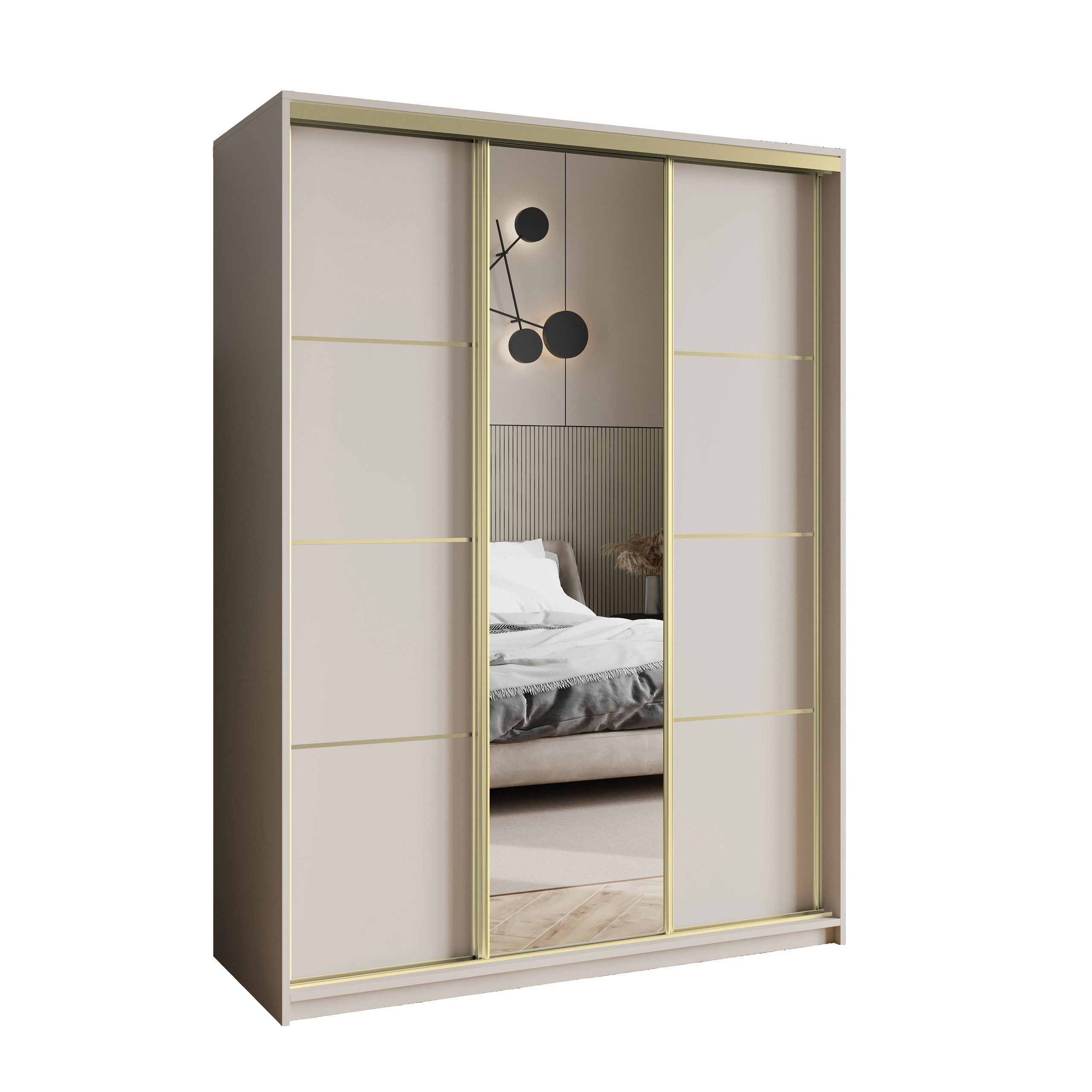 Masseno Schwebetürenschrank VARO 150 cm Kleiderschrank mit Spiegel 3 Türen Kaschmir