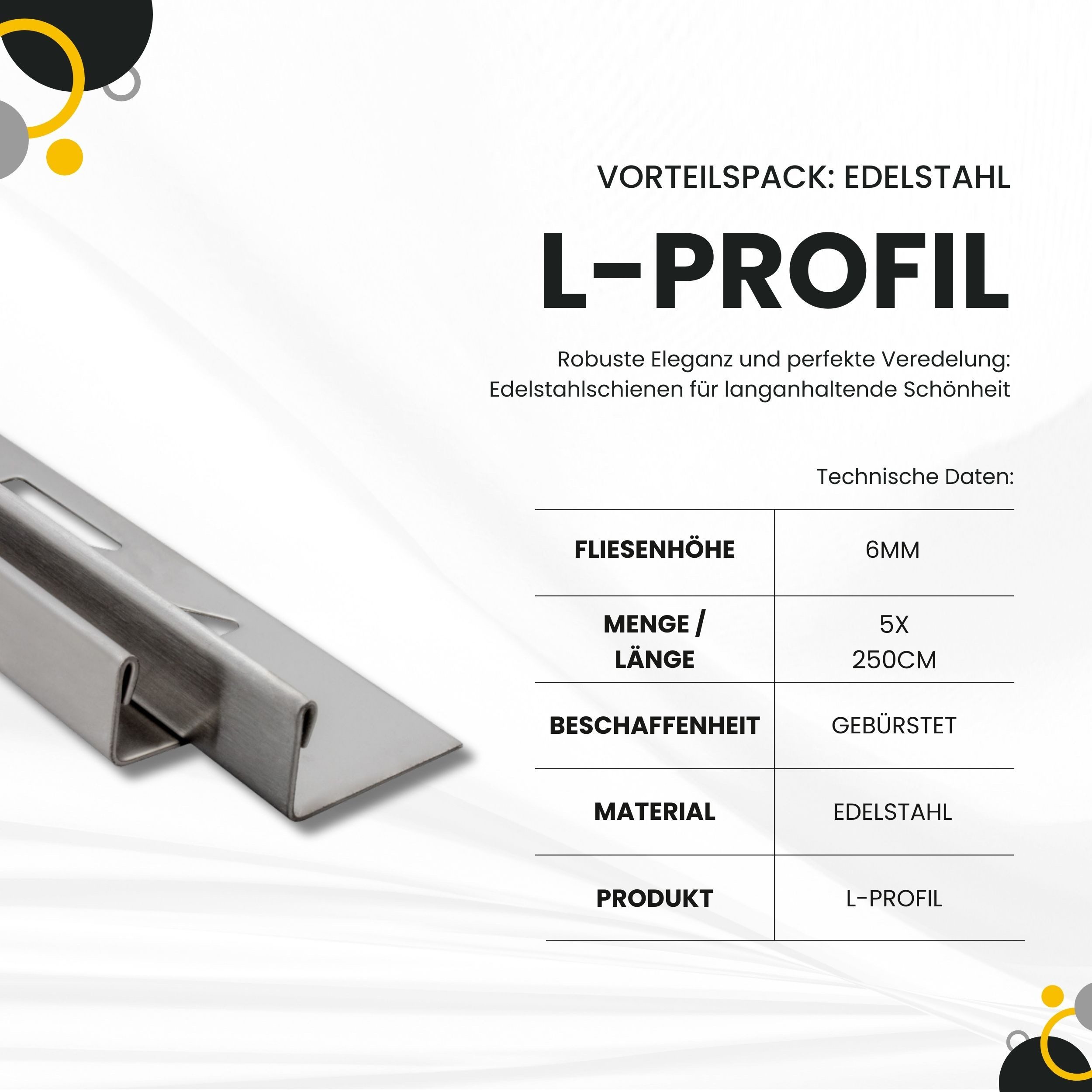 Thumbnail - tktrading24 Abschlussprofil 5x L-Profil Fliesenprofil, Edelstahl, 250 cm, 6 mm, Gebürstet (Set, 5er)