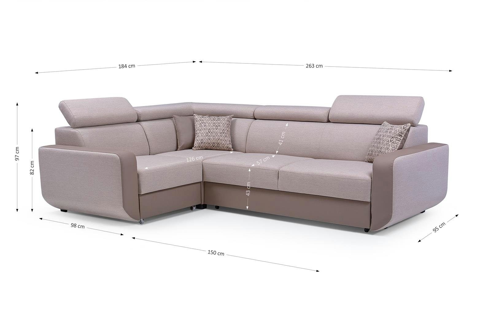 Beautysofa Ecksofa Ecksofa MILO mit Schlaffunktion und Bettkasten Polstersofa, Modern Design