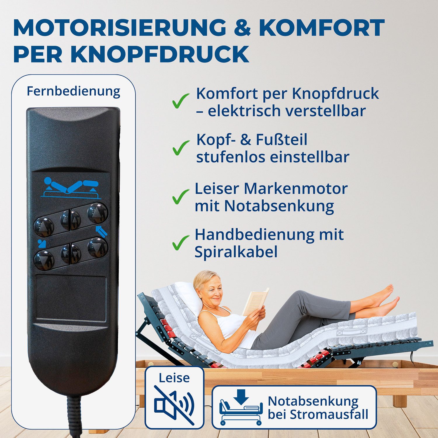 Lattenrost RELAXANA KF Motor, Reha-Schlafwelt, Kopfteil motorisch verstellbar, Fußteil motorisch verstellbar, 120x200 cm, elektrischer Lattenrost fertig montiert, Made in Germany