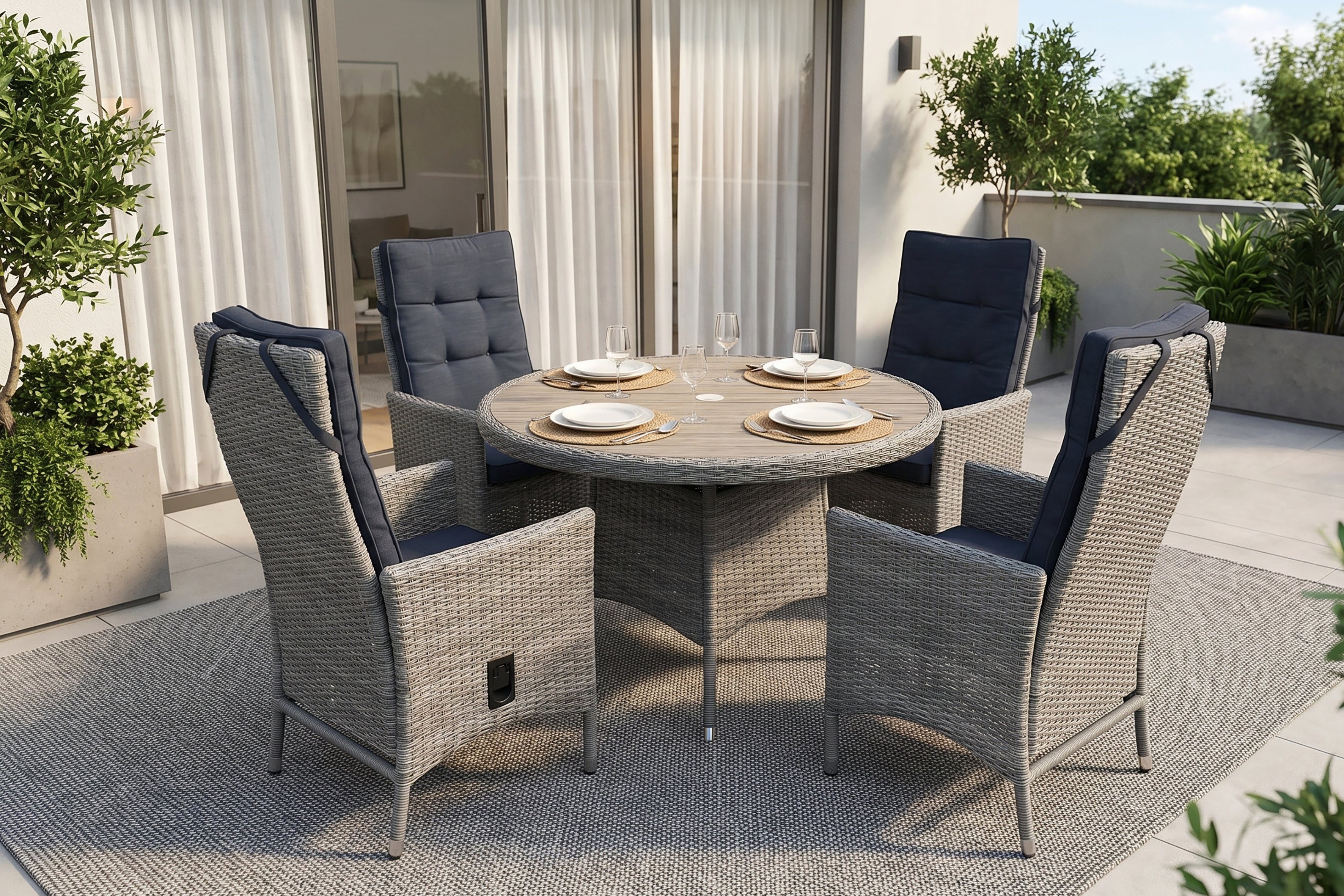 byLIVING Gartentisch DURBAN (wetterfest Balkon Terrasse Tisch, Natur/dunkelgrau), Mit Schirmhalter, Polyrattan-Geflecht, Polywood-Tischplatte