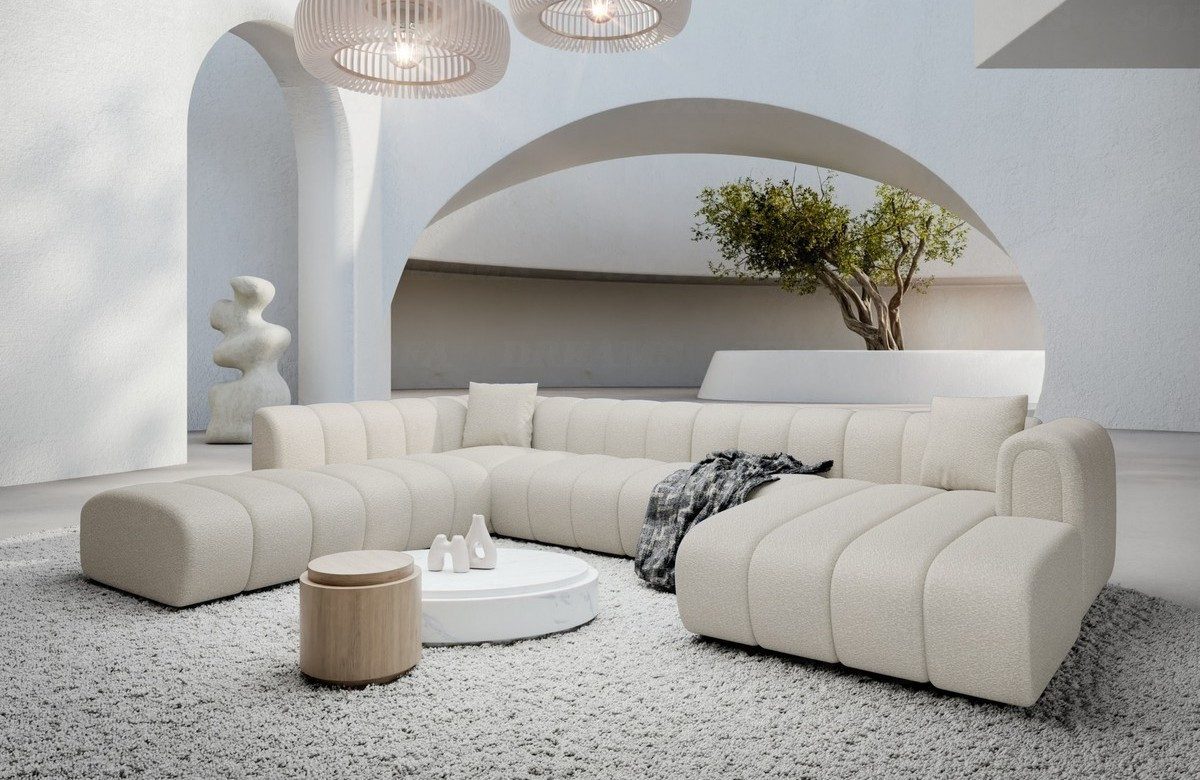Sofa Dreams Wohnlandschaft Almagro XXL Stoff Couch, Polstersofa, 6-Sitzer, Boucléstoff Bezug in Pearl, Ottomane rechts