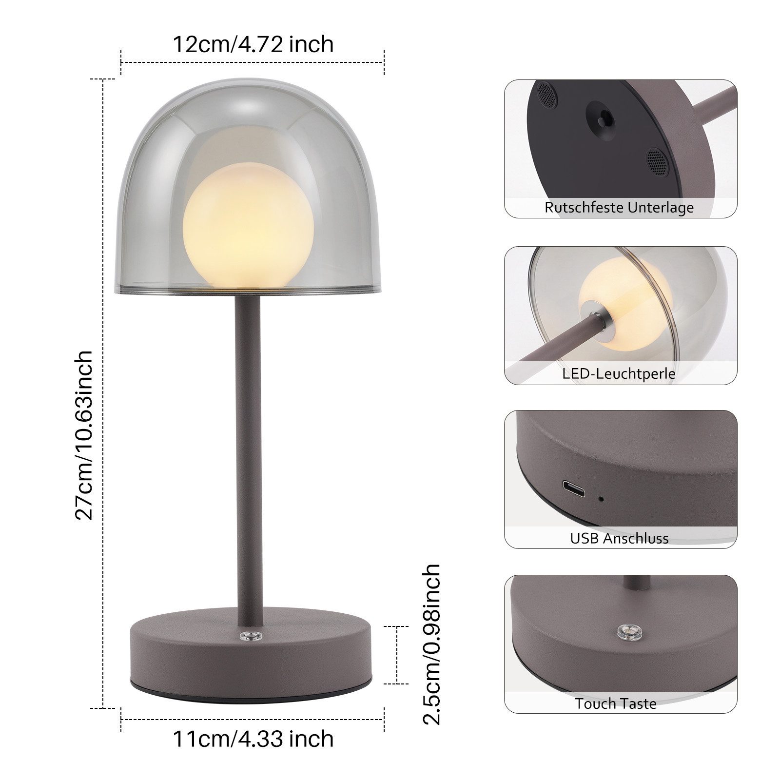 Nettlife LED Tischleuchte kabellos dimmbar Touch 3 Farbtemperaturen Akkubetrieb Nachttischlampe, für Schlafzimmer Wohnzimmer Arbeitszimmer Büros – Bild 3 von 5