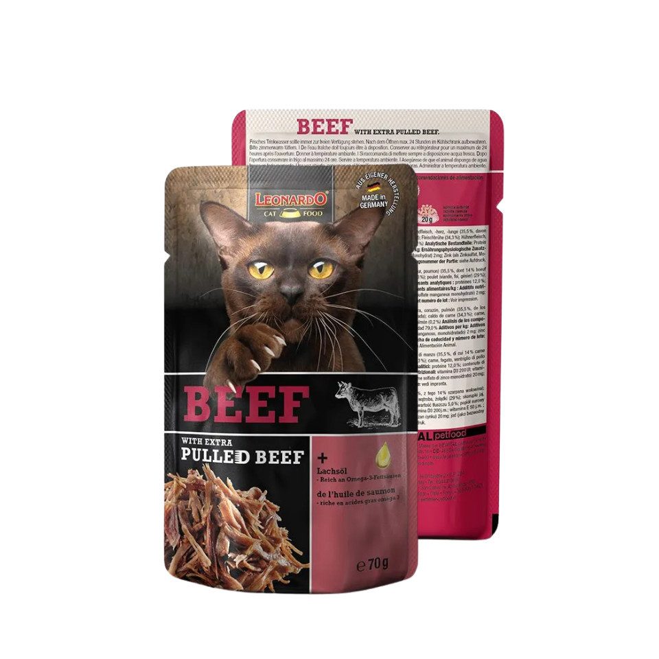 Leonardo Catfood Beef mit extra pulled Beef 16x70g, Nassfutter für: Katzen