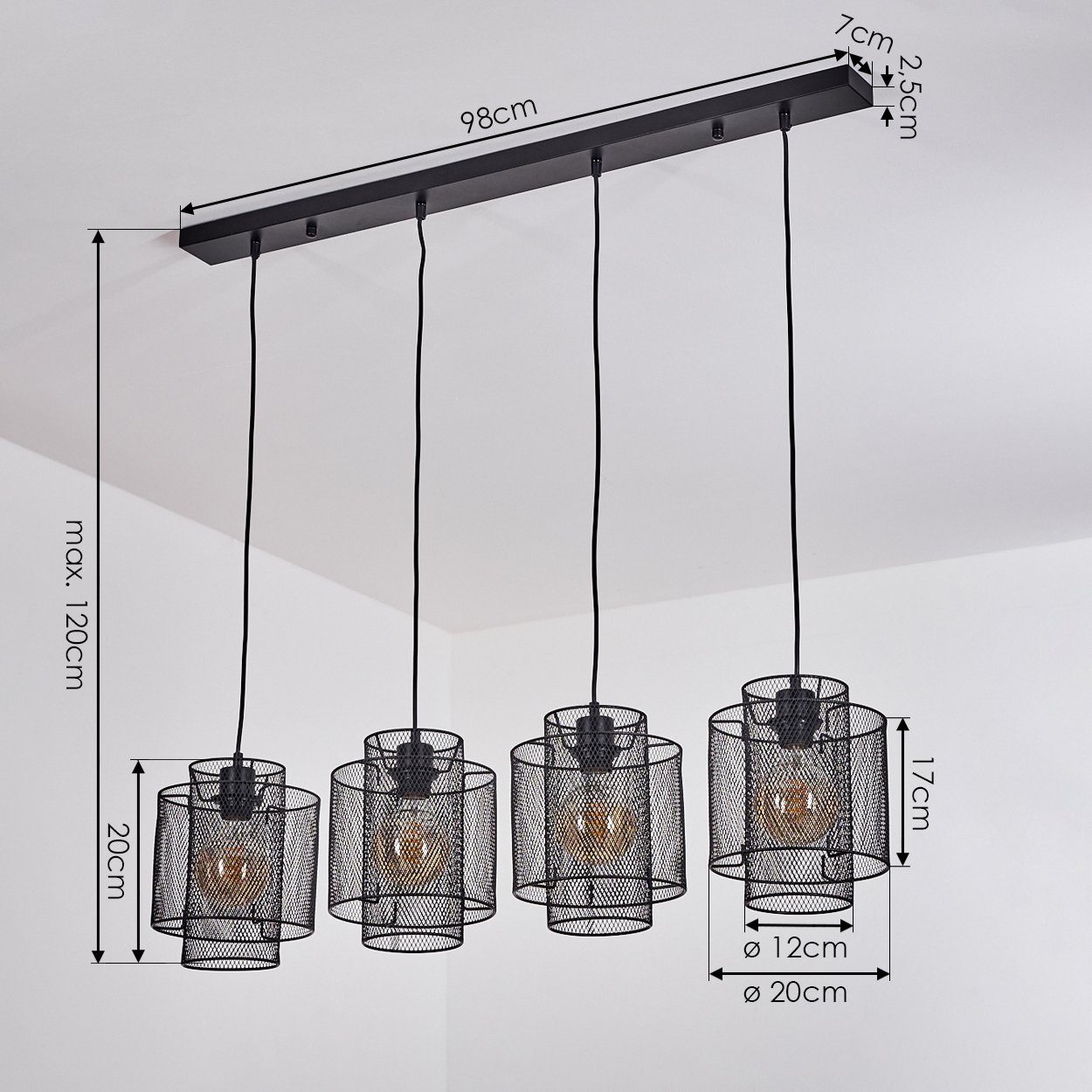 hofstein Pendelleuchte »Quartesana« moderne Leuchtmittel, Hängeleuchte runden aus Schirmen (20cm),Gitter-Optik,Höhe 120cm,4xE27 Schwarz, Hängelampe Metall ohne in mit